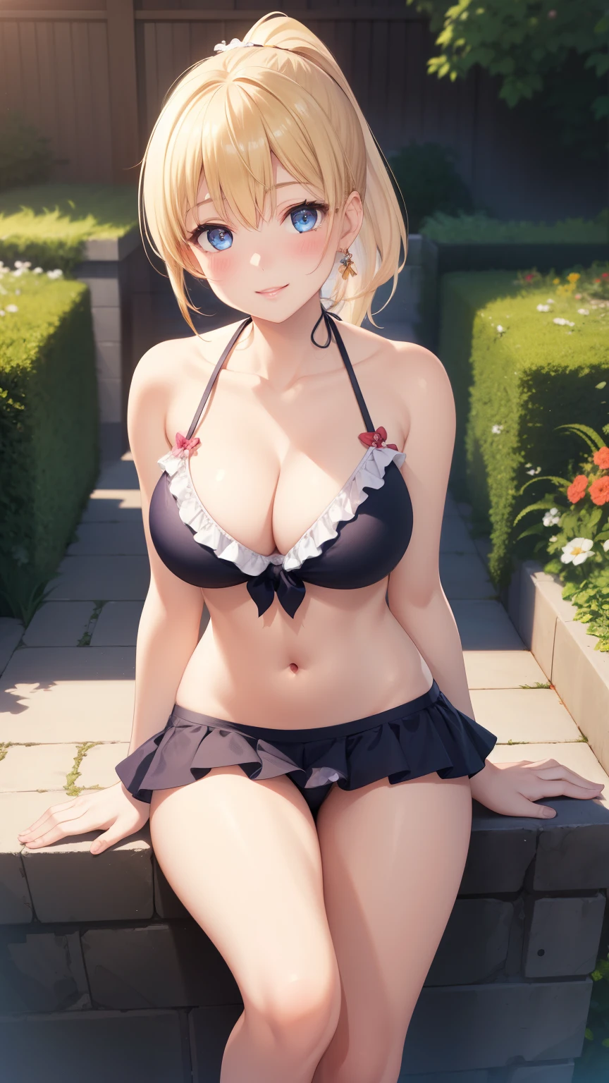 1girl, natural lighting, masterpiece, highly detailed, illustration, game CG, absurdres, high quality, aichan, large breasts, beautiful detailed eyes, medium blonde hair, ponytail, bangs, glossy lips, blush, garden, frilly bikini, short microskirt, light smile