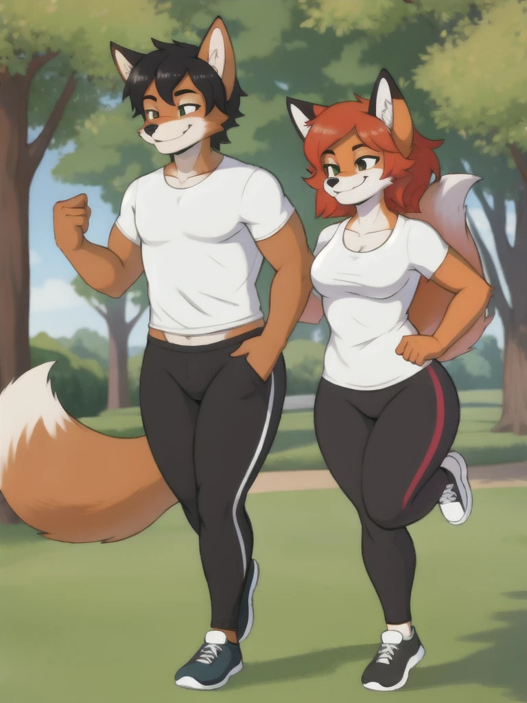Furry, fox, smile, black leggings, white shirt, jogging with a partner, park, teen