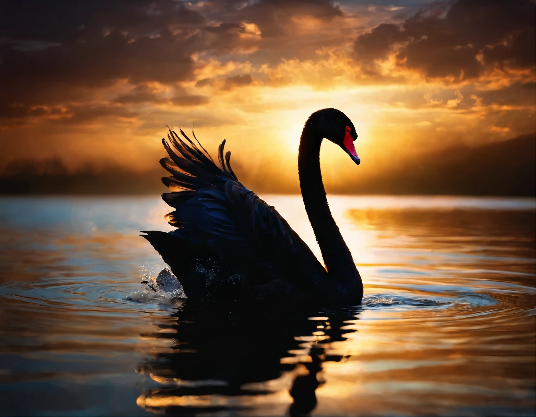 there is a black swan swimming in the water at sunset, a picture by Jacob Duck, flickr, arabesque, peaceful and graceful, black swan, beautiful backlit, glare on the water, beautiful and graceful, water reflection!!!!!, beautiful!!!!!!!!!, beautifully backlit, beautiful shot, black swans, reflection on the water, rippling with magic, beautiful backlight