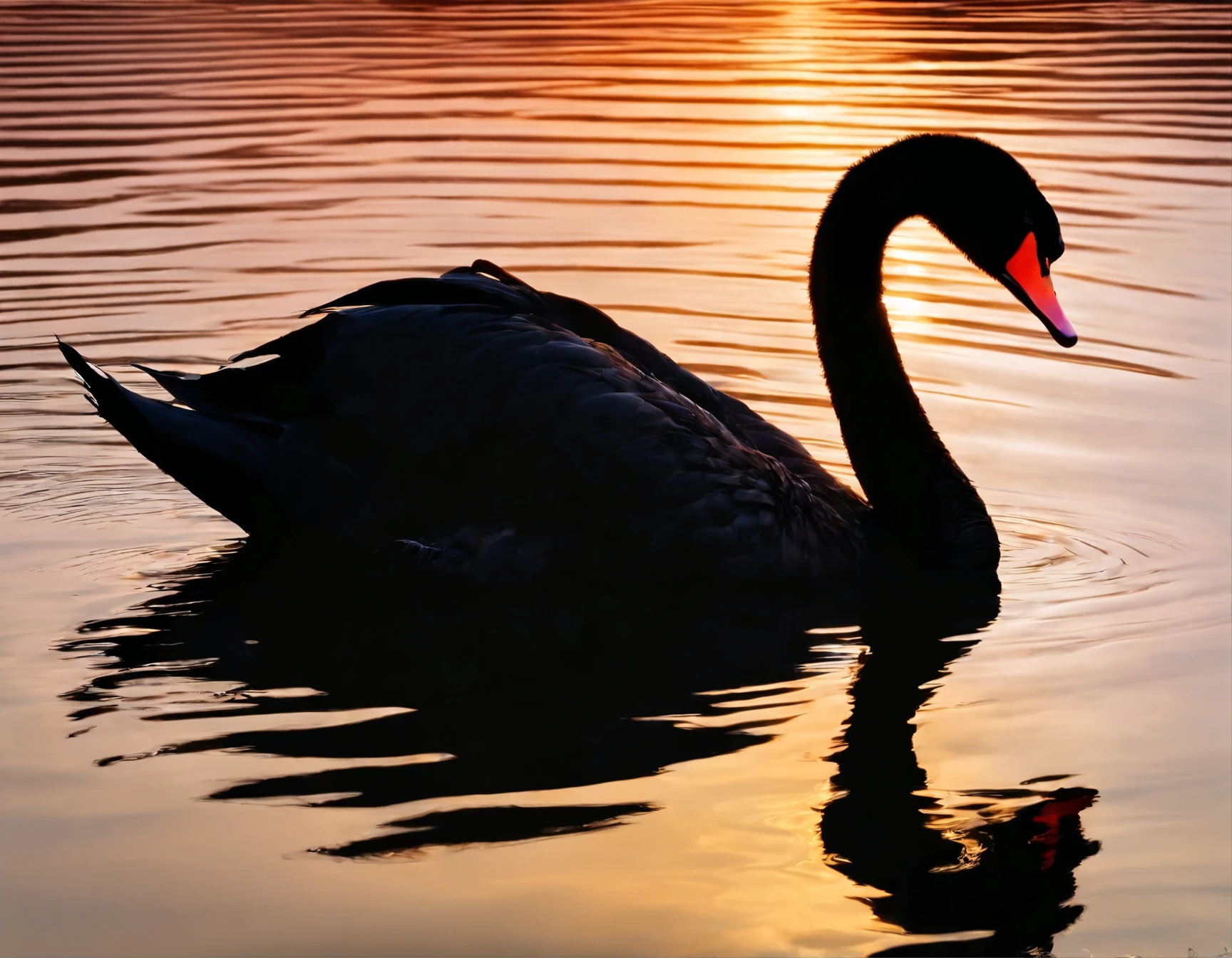 there is a black swan swimming in the water at sunset, a picture by Jacob Duck, flickr, arabesque, peaceful and graceful, black swan, beautiful backlit, glare on the water, beautiful and graceful, water reflection!!!!!, beautiful!!!!!!!!!, beautifully backlit, beautiful shot, black swans, reflection on the water, rippling with magic, beautiful backlight
