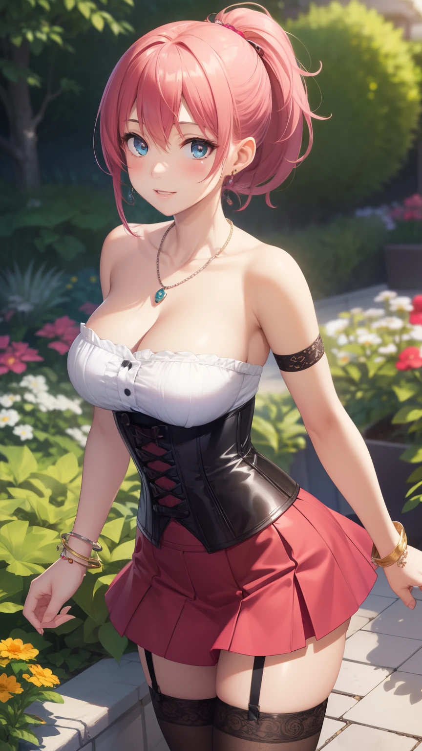 1girl, natural lighting, masterpiece, highly detailed, illustration, game CG, absurdres, high quality, aichan, large breasts, beautiful detailed eyes, medium bright pink hair, ponytail, bangs, glossy lips, light smile, garden, bracelets, necklace, jewelry, strapless corset, thigh highs, tight miniskirt