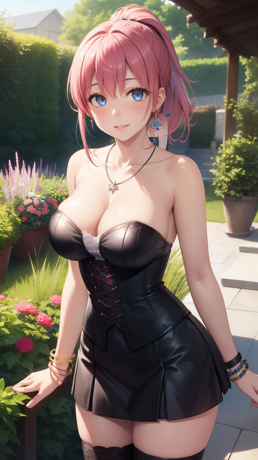 1girl, natural lighting, masterpiece, highly detailed, illustration, game CG, absurdres, high quality, aichan, large breasts, beautiful detailed eyes, medium bright pink hair, ponytail, bangs, glossy lips, light smile, garden, bracelets, necklace, jewelry, strapless corset, thigh highs, tight miniskirt
