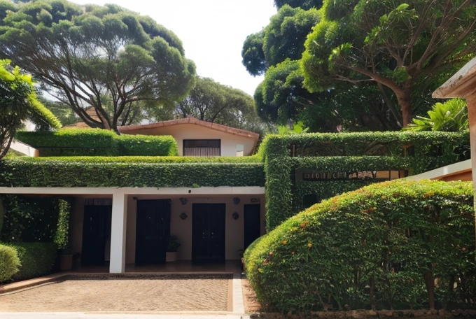 Lindo jardim com fonte e estatua e ((um banco de madeira detalhado com ferro)).