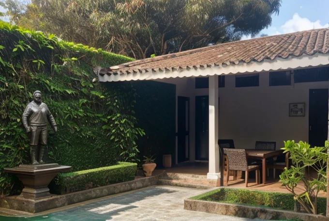 Lindo jardim com fonte e estatua e ((um banco de madeira detalhado com ferro)).