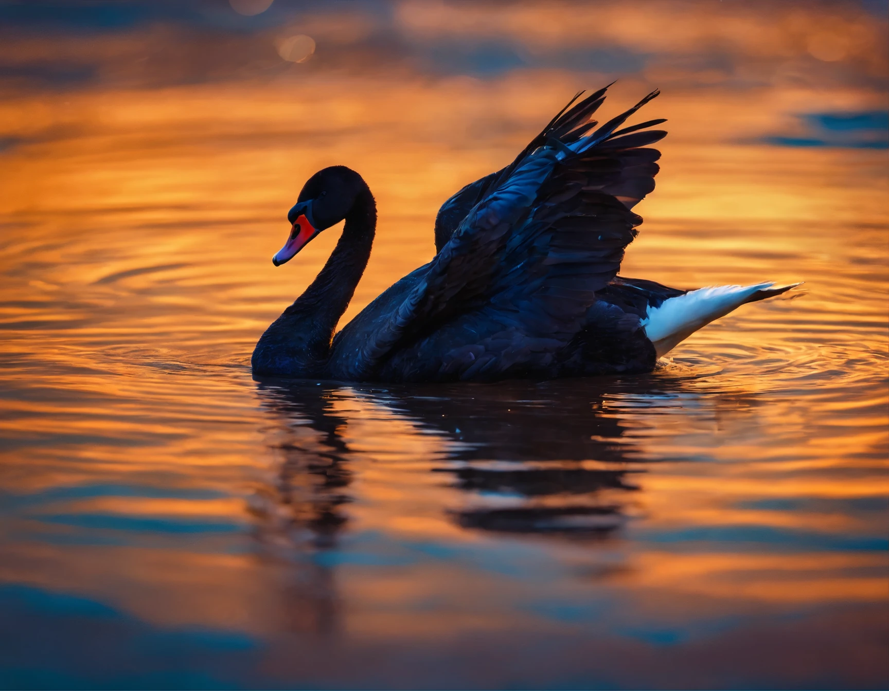 there is a black swan swimming in the water at sunset, peaceful and graceful, black swan, beautiful backlit, glare on the water, beautiful and graceful, by Jacob Duck, water reflection!!!!!, by Jan Rustem, beautiful!!!!!!!!!, beautifully backlit, by Hans Schwarz, beautiful shot, black swans, reflection on the water, rippling with magic