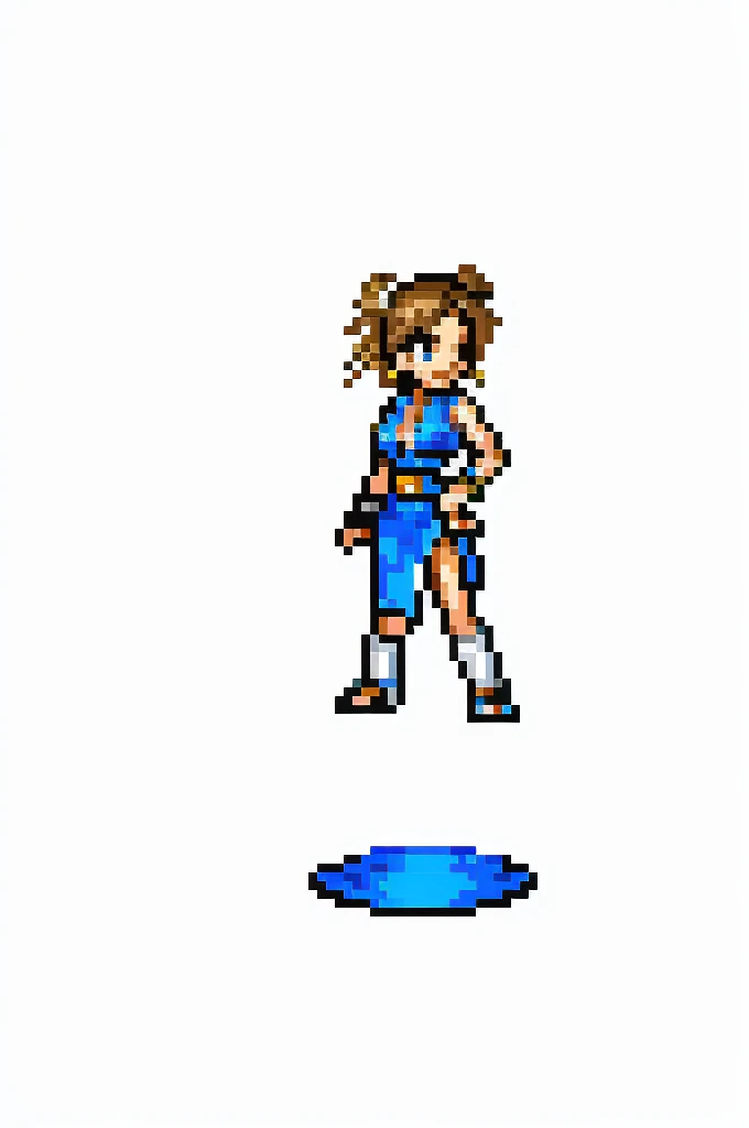 Por favor, crea una imagen de Chun-Li, an iconic character from the Street Fighter video game series, en estilo pixel art. The image must capture its essence and distinctive characteristics: dynamic pose: Chun-Li must be in a dynamic combat pose that highlights her agility and strength. Puedes optar por su famosa patada alta o una postura de combate. Ropa Tradicional: She must wear her signature outfit, including a blue qipao with gold details and white belt. Be sure to include her spiked bracelets and tall boots. Detalles Faciales: Intenta capturar su rostro con la mayor cantidad de detalles posible en el estilo pixel art, including her unique hairstyle with bows and ribbons. Colores Vibrantes: Utiliza una paleta de colores vibrantes para que la imagen se vea llamativa y fiel al personaje del juego.