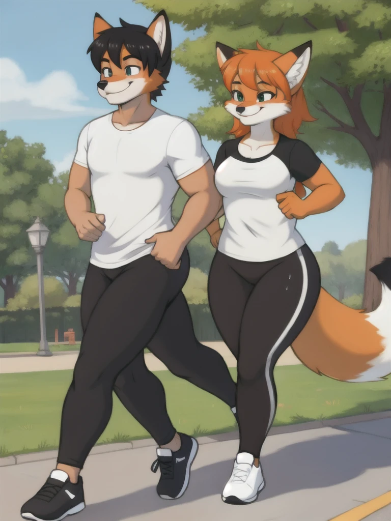 Furry, fox, smile, black leggings, white shirt, jogging with a partner, park, teen