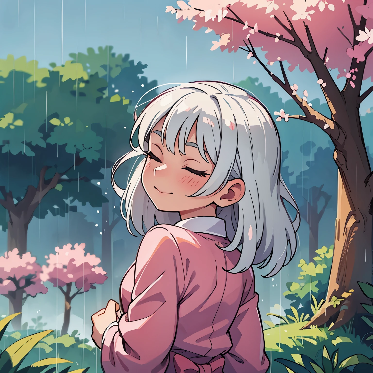 blooming cherry bloosom trees in back, rainy summer vibe, mist, vibrant colors, grey/white hair, eyes closed enjoying the sounds of the trees, with a lit joint in her hand