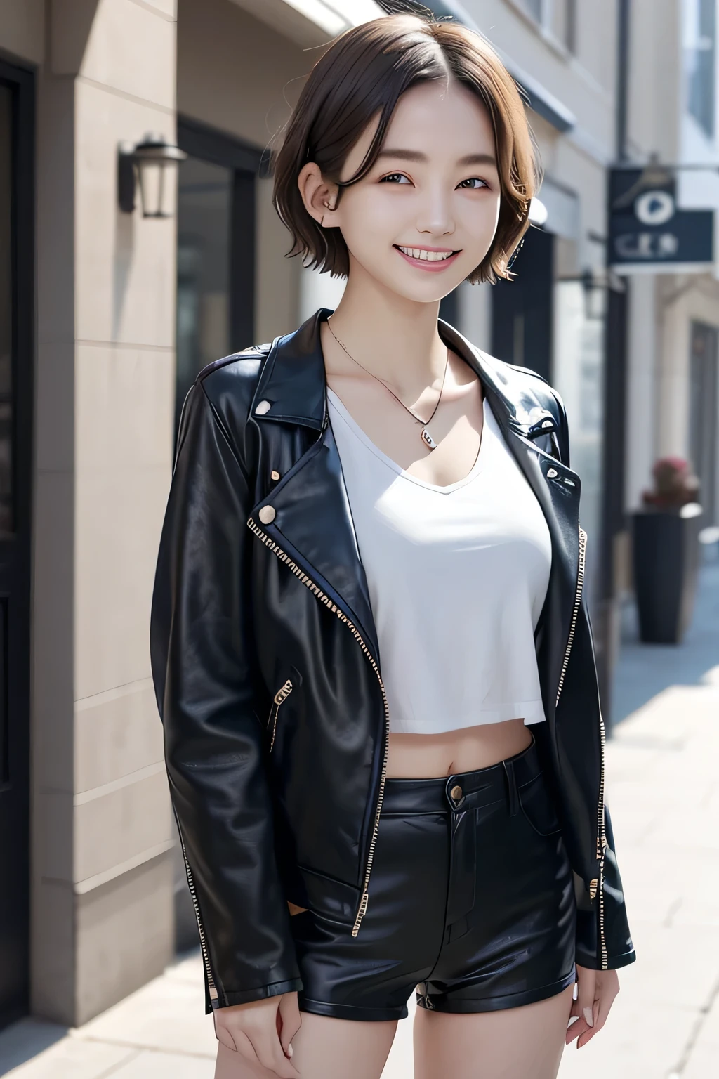 205 ((short hair)), 20-year-old female, In underwear、Leather jacket with sleeves unworn、Wear a jacket over your shoulders、smile、Beautiful teeth alignment、、Black Hair、ear piercing、Necklace around the neck、Looking into the camera, The background is the city