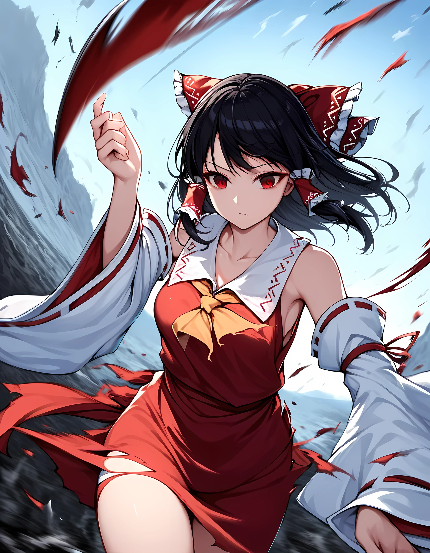 masterpiece,(best,great:1),1girl,solo,hakurei reimu,flying,black hair,hair tube,miko,detached sleeves,collarbone,bare shoulders,medium hair,sky,midair,torn clothes,battle,red eyes,cowboy shot,medium breasts,wide sleeves,bow,spinning,hand up,