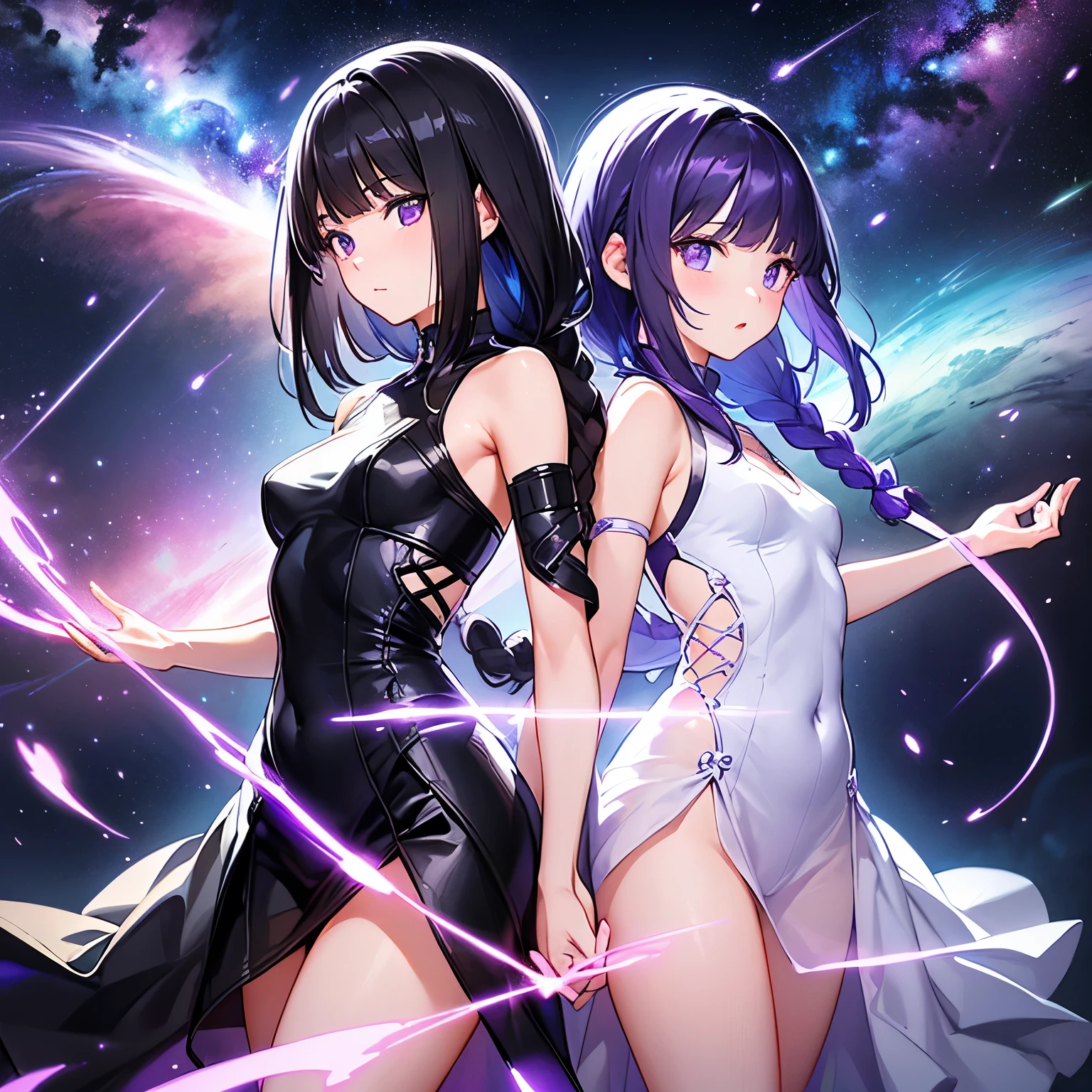 Anime girl in bikini sitting on bed with stars on background, two beautiful anime girls, anime style 4 k, wlop and sakimichan, beautiful fantasy anime, anime fantasy artwork, beautiful sci - fi twins, 8k high quality detailed art, very detailed Artgerm, anime goddess, queen and ruler of the universe, Anime Girls