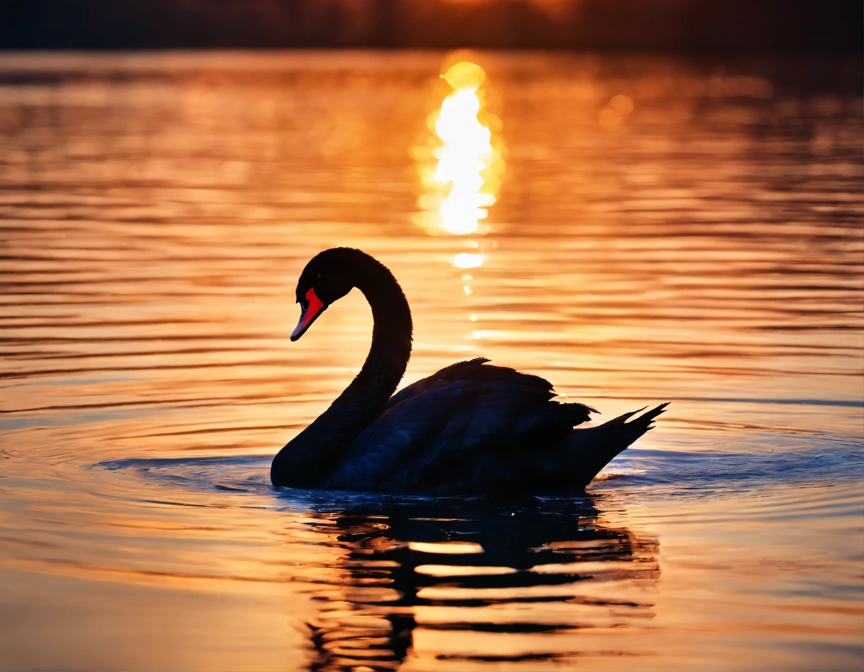 there is a black swan swimming in the water at sunset, peaceful and graceful, black swan, beautiful backlit, glare on the water, beautiful and graceful, by Jacob Duck, water reflection!!!!!, by Jan Rustem, beautiful!!!!!!!!!, beautifully backlit, by Hans Schwarz, beautiful shot, black swans, reflection on the water, rippling with magic