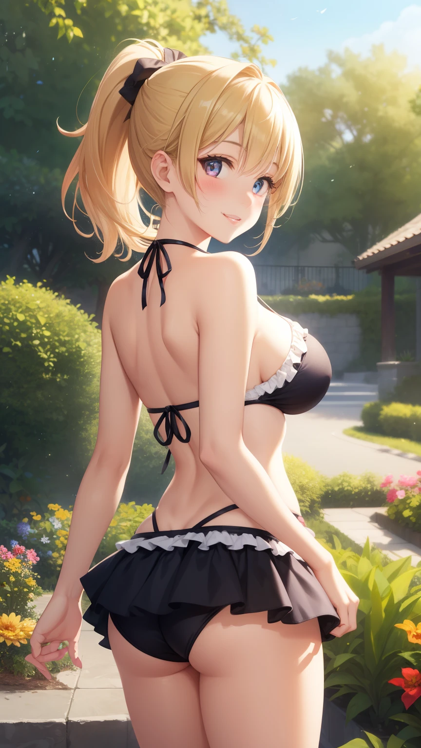 1girl, natural lighting, masterpiece, highly detailed, illustration, game CG, absurdres, high quality, aichan, large breasts, beautiful detailed eyes, medium blonde hair, ponytail, bangs, glossy lips, blush, garden, frilly bikini, short microskirt, light smile, looking back at viewer