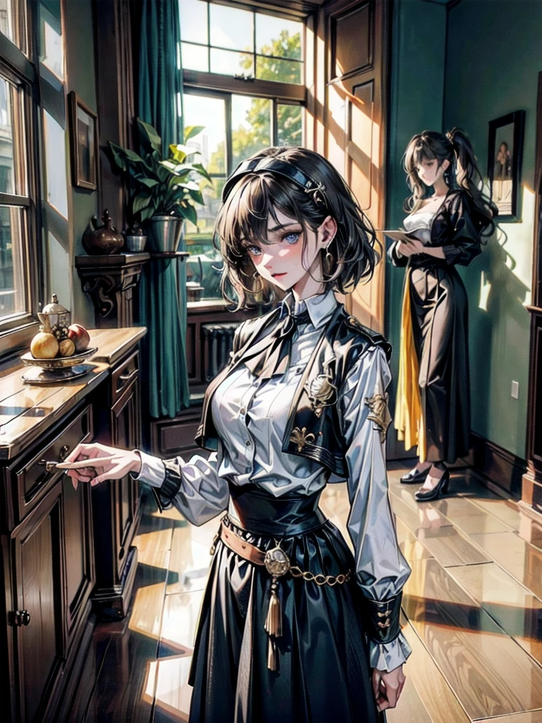 absurdres, RAW photo, extremely delicate and beautiful, masterpiece, Best Quality, ultra high resolution, 32k, hyperrealistic, ultra-detailed, detailed description, perfect anatomy, pale skin, 20 years old, detailed beautiful face and eyes, tearful mole, earring, short medium hair, wavy hair, whole body shot, colossal tits, ((yuri)), (((3 girls))), Practical pirate clothing, Long-sleeved pirate top, Skirt,