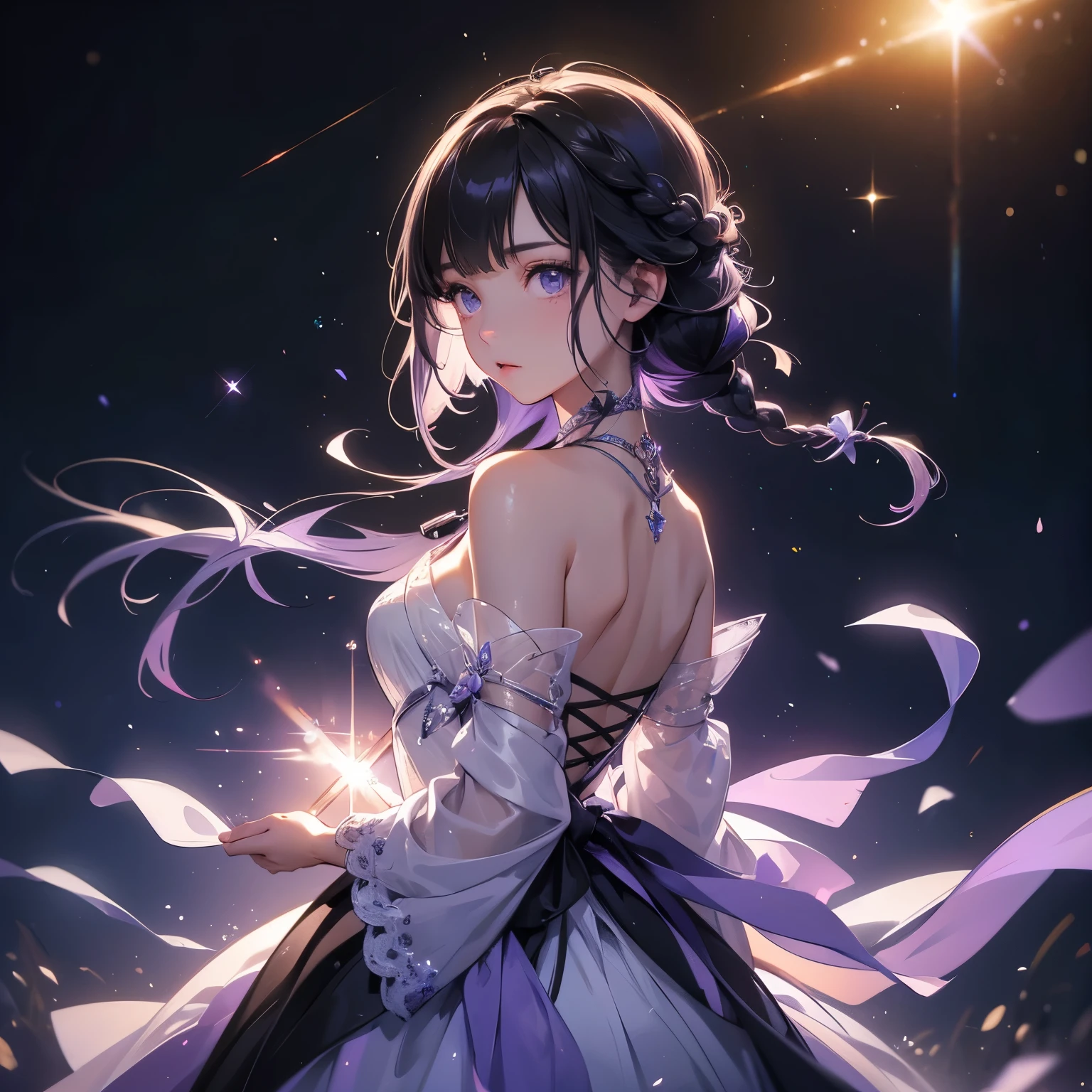 Draw two girls、(The heroine is a girl with purple-white gradient twin-braided long hair.:1.4)、(Her partner is a girl with a black bob cut:1.4)、(The heroine is in a transparent capsule、Natural standing posture)、(Numerous digital wires connect the capsule to the girl、Glowing Wiring、Wiring is as follows:々It emits a variety of colors.)、Cyber Space、meteor、milky way、nebula、chiffon、Backlight、amazing splash、 Sparkling、Dazzling Light、highest quality、8k、 High resolutionアート、High resolution、Very detailed、