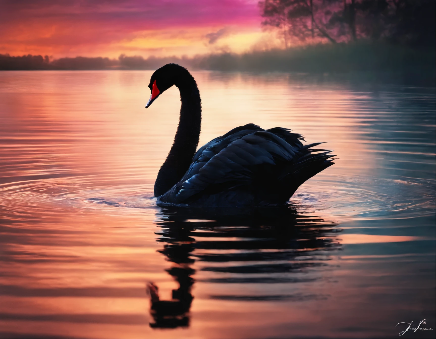 there is a black swan swimming in the water at sunset, peaceful and graceful, black swan, beautiful backlit, glare on the water, beautiful and graceful, by Jacob Duck, water reflection!!!!!, by Jan Rustem, beautiful!!!!!!!!!, beautifully backlit, by Hans Schwarz, beautiful shot, black swans, reflection on the water, rippling with magic