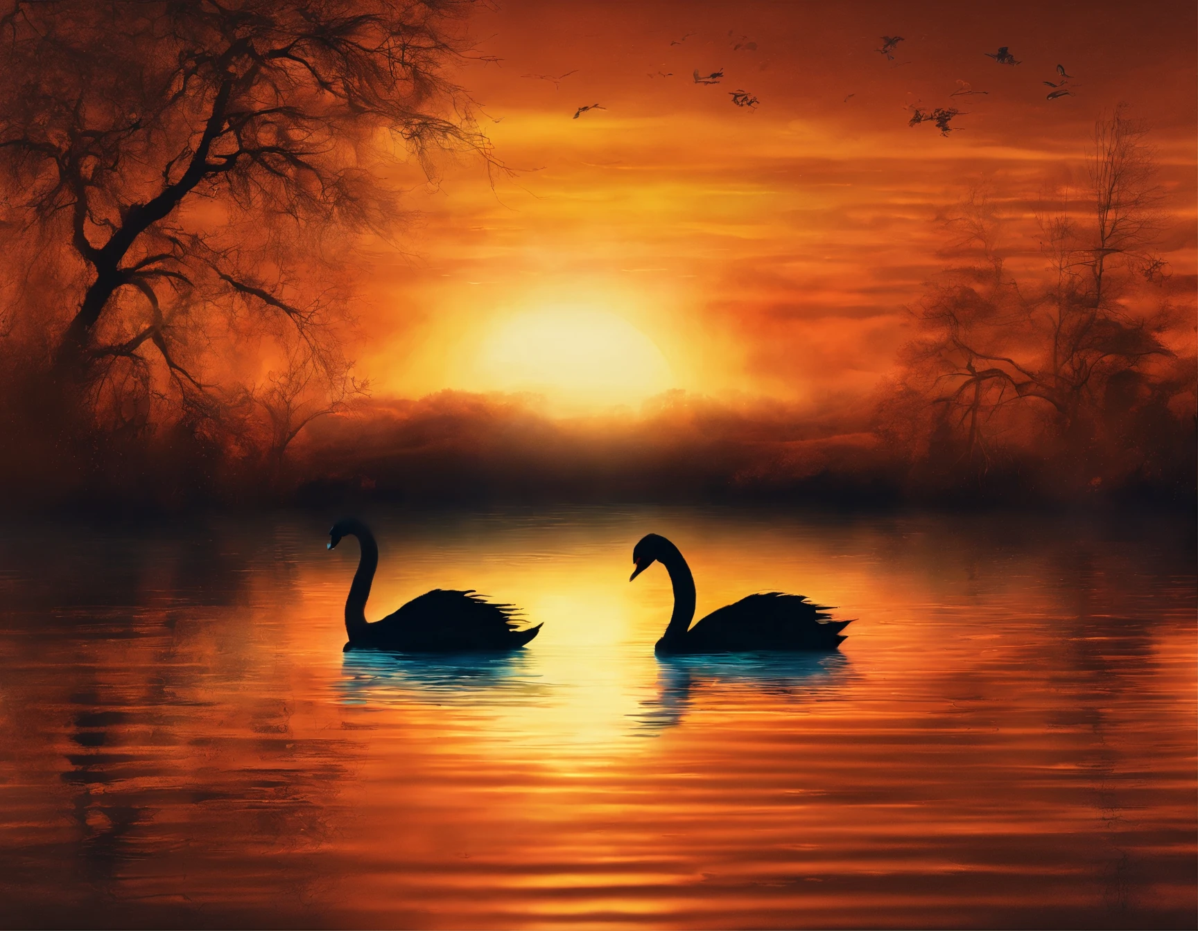 there is a black swan swimming in the water at sunset, peaceful and graceful, black swan, beautiful backlit, glare on the water, beautiful and graceful, by Jacob Duck, water reflection!!!!!, by Jan Rustem, beautiful!!!!!!!!!, beautifully backlit, by Hans Schwarz, beautiful shot, black swans, reflection on the water, rippling with magic