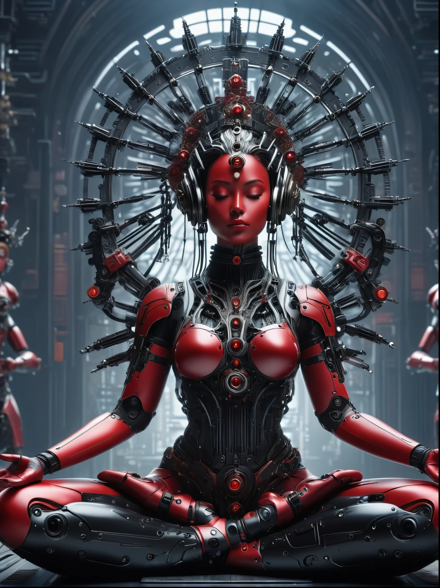 (Vision:1.3), (Full body shot:1.5), 1 red cyberpunk mechanical girl, many hands, Meditating, Sit cross-legged, Do meditation poses, Wearing an ornate headdress made of black metal parts, Precision mechanical body, Ultra-fine electronic components, Temple Background, light, musical note hair ornament, Surrealism, blind box toy style, Futurism, Conceptual art, Luminism, god rays, symmetry, first-person view, Ultra-Wide Angle, UHD, anatomically correct, accurate, masterpiece, award winning, 8k