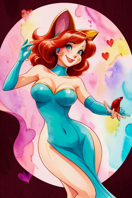 A playful and mischievous Jessica Rabbit, with a coy smile and a twinkle in her eye. Rendered in a watercolor style, she dances across the page, leaving a trail of hearts in her wake.