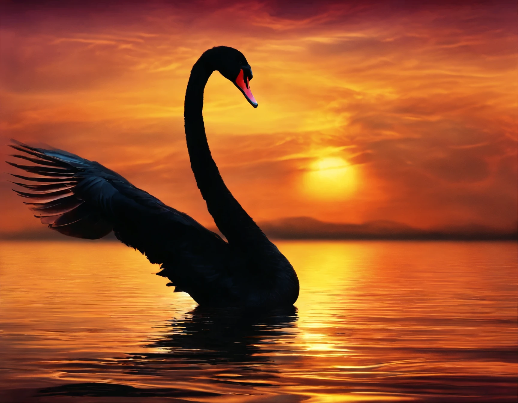there is a black swan swimming in the water at sunset, a picture by Jacob Duck, flickr, arabesque, peaceful and graceful, black swan, beautiful backlit, glare on the water, beautiful and graceful, water reflection!!!!!, beautiful!!!!!!!!!, beautifully backlit, beautiful shot, black swans, reflection on the water, rippling with magic, beautiful backlight