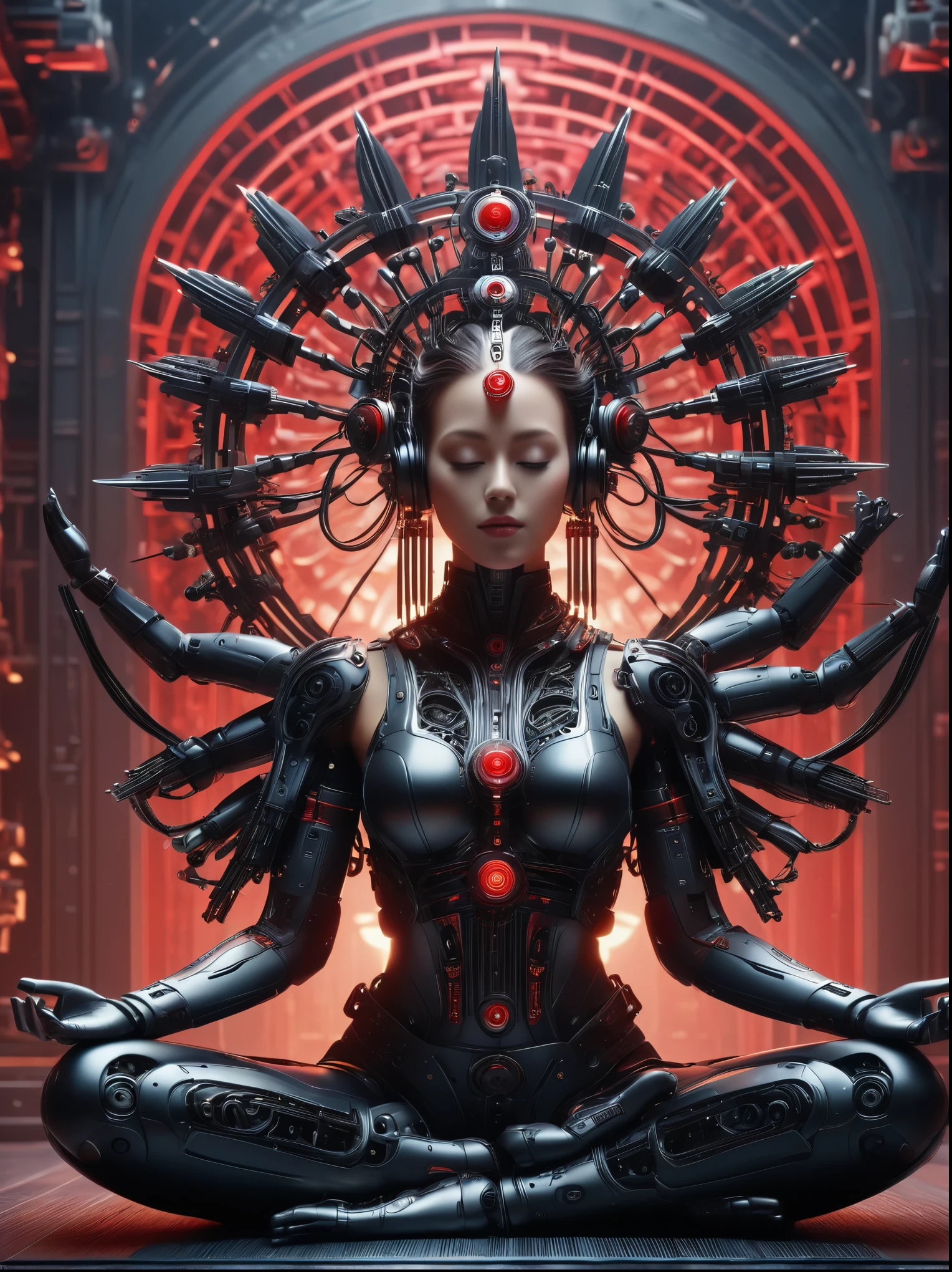 (Vision:1.3), (Full body shot:1.5), 1 red cyberpunk mechanical girl, many hands, Meditating, Sit cross-legged, Do meditation poses, Wearing an ornate headdress made of black metal parts, Precision mechanical body, Ultra-fine electronic components, Temple Background, light, musical note hair ornament, Surrealism, blind box toy style, Futurism, Conceptual art, Luminism, god rays, symmetry, first-person view, Ultra-Wide Angle, UHD, anatomically correct, accurate, masterpiece, award winning, 8k