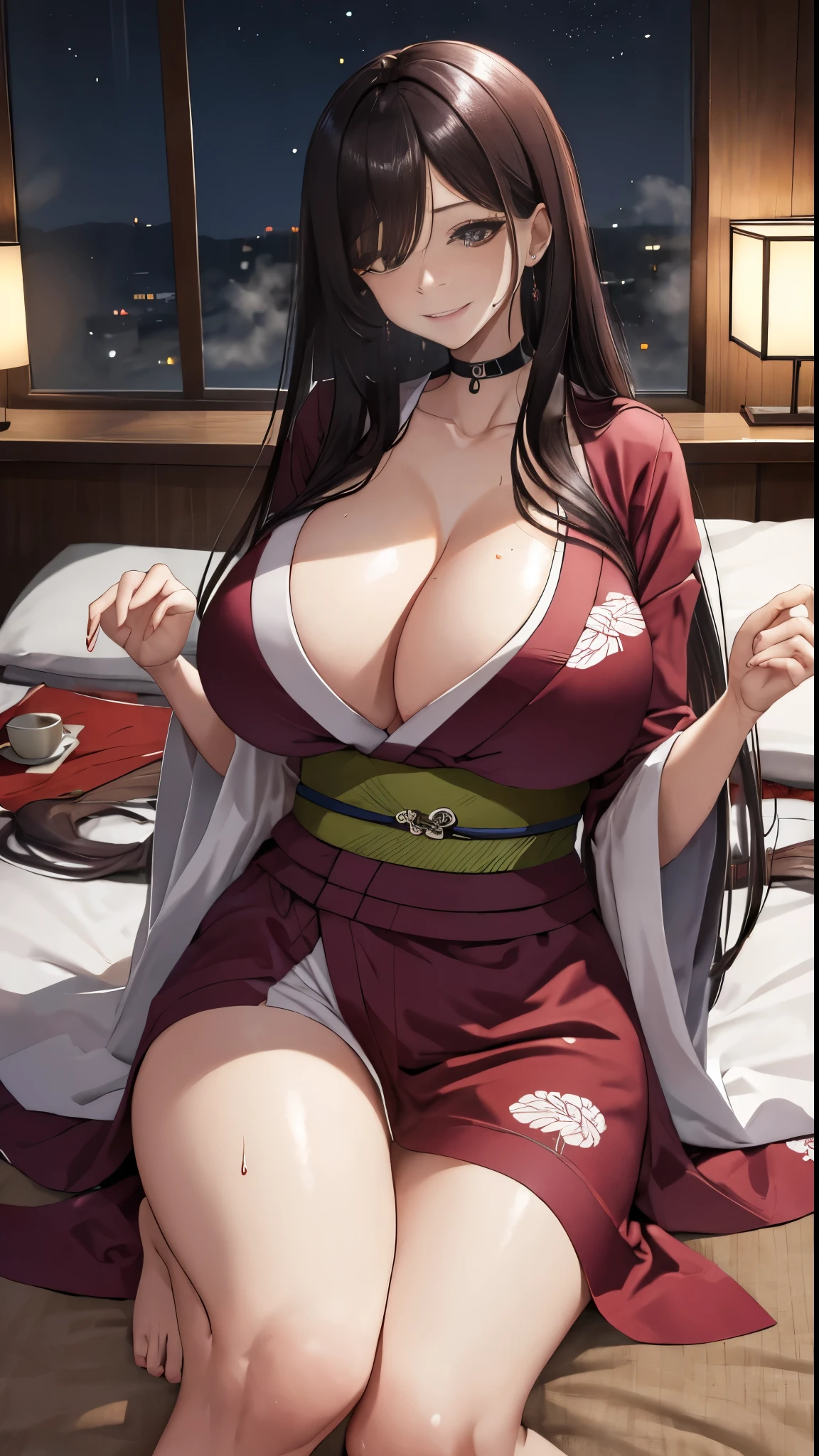 highest quality、Highest quality、masterpiece、high-end、
Cover one eye with hair,(pov:1.5), 
(kimono:1.28),
smile,Mouth closed,
Lady,Mature Woman, Cowboy Shot,
(Dark Room:1.5, Love hotel beds in Japan:1.5, Detailed Background:1.18),
High resolution,Official Art,original,masterpiece,highest quality, Reality、
(Huge breasts),
 (Oily skin),((steam,sweat))
Lying on the futon in a sexy pose、Night temptation、Sexually inviting