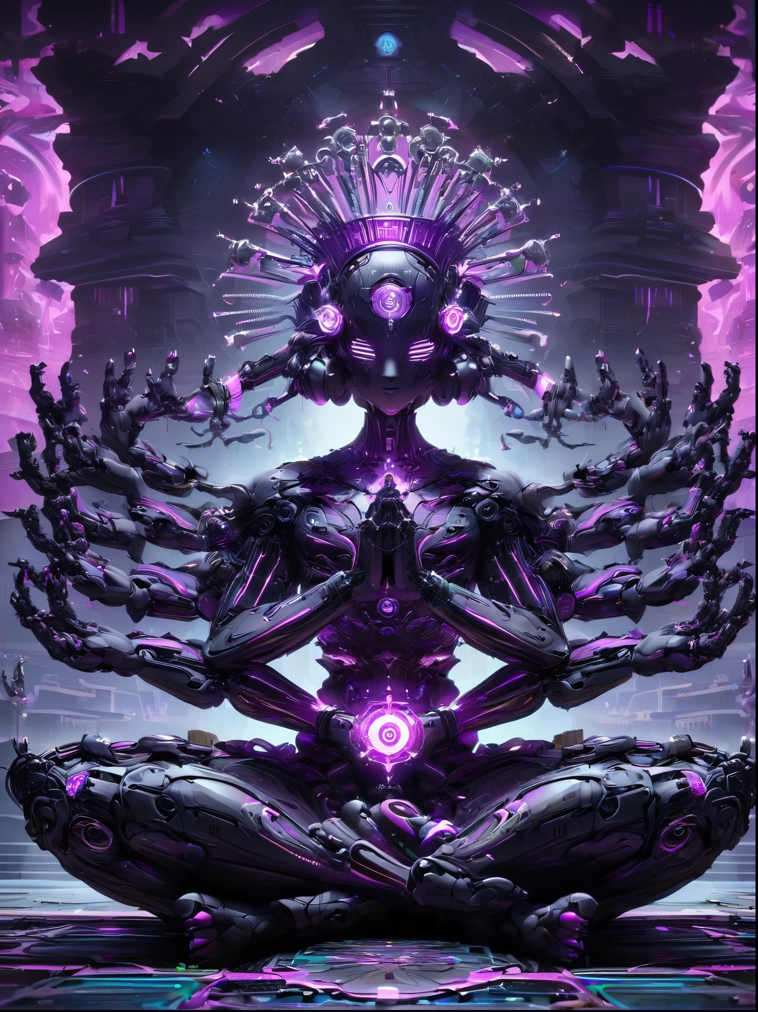 (Vision:1.3), (Full body shot:1.5), A purple cyberpunk robot monk with folded hands, multiple hands, meditating, sitting in lotus position, doing meditation pose, wearing an ornate headdress made of black metal parts, precision mechanical body, ultra-fine electronic components, temple background, surrealism, cinematic lighting, musical note hair ornament, Surrealism, blind box toy style, Futurism, Conceptual art, Luminism, god rays, symmetry, first-person view, Ultra-Wide Angle, UHD, anatomically correct, accurate, masterpiece, award winning, 8k