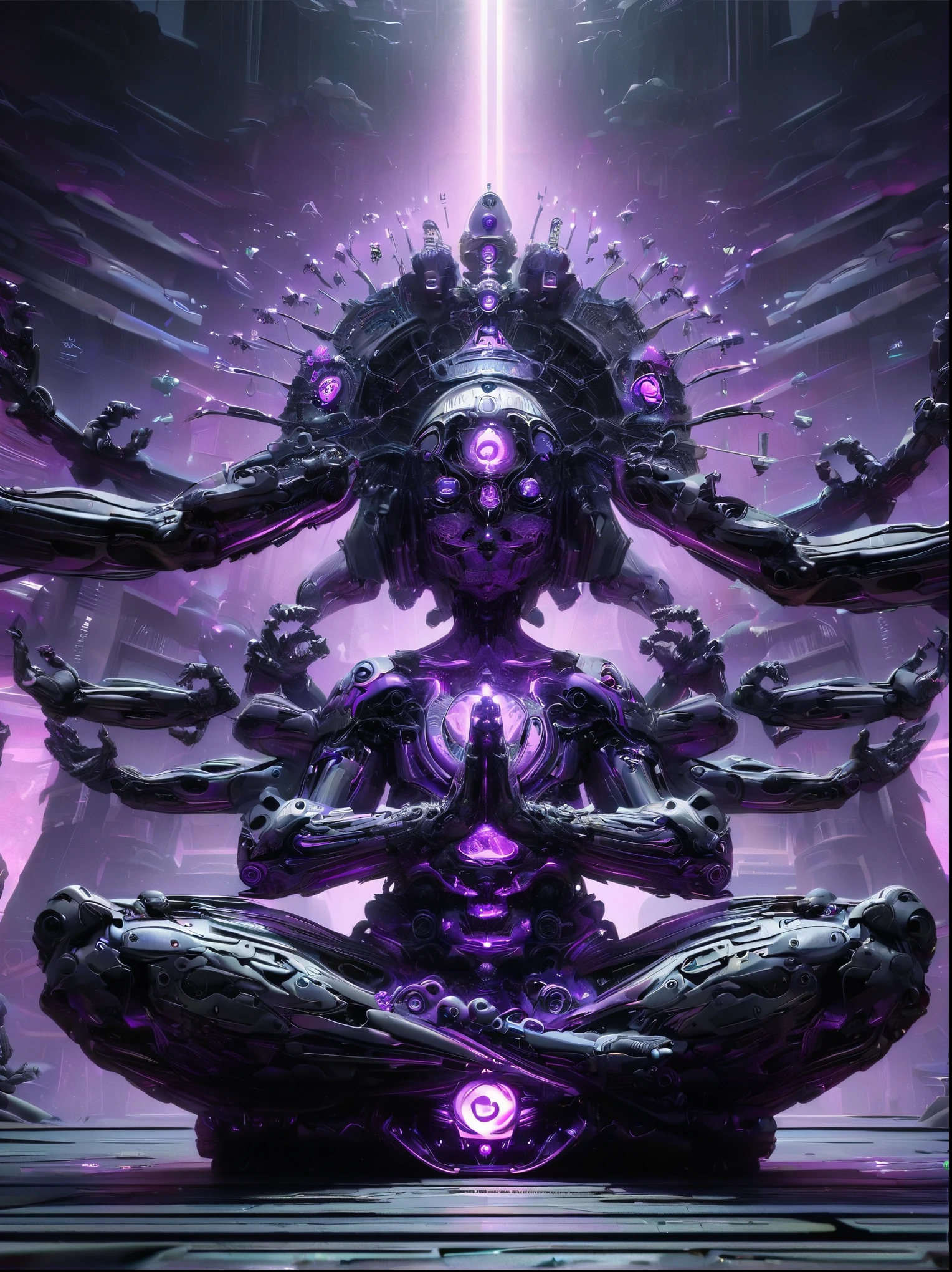 (Vision:1.3), (Full body shot:1.5), A purple cyberpunk robot monk with folded hands, multiple hands, meditating, sitting in lotus position, doing meditation pose, wearing an ornate headdress made of black metal parts, precision mechanical body, ultra-fine electronic components, temple background, surrealism, cinematic lighting, musical note hair ornament, Surrealism, blind box toy style, Futurism, Conceptual art, Luminism, god rays, symmetry, first-person view, Ultra-Wide Angle, UHD, anatomically correct, accurate, masterpiece, award winning, 8k