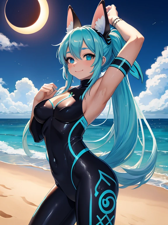 Miku Hatsune,agua&cuerpo blanco, peludo, orejas de kitsune, tatuaje tribal, ropa tribal, paisaje de playa, Eclipse, sensual pose, hincada en la playa, cara sonrojada, feliz, sensual bodysuit