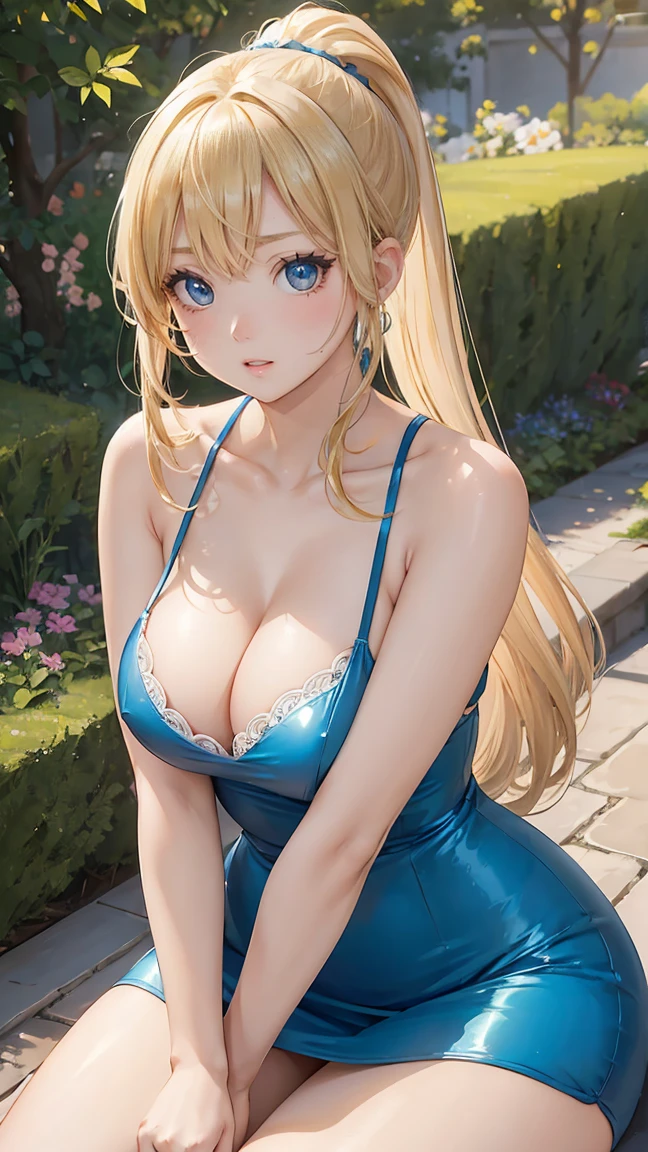 (masterpiece:1.2), (best quality:1.2),, Curvy but slender figure, Perfect eyes, Perfect face, Perfect lighting, 1 girl, In the garden,，（Miss），（whole body照），（Ponytail），（カメラアングルwhole body），curls, Beautifully dressed, Detailed outdoor background, compensate, Eyeshadow, Thick eyelashes, fantasy, Looking at the audience, whole body、Blue sky、Bright and beautiful face、Young, shiny and fair skin、best beauty、The most beautiful blonde hair in the world、Thinning hair、long hair、Shiny and beautiful bangs、Shining blue eyes、Very beautiful and cute 18 years old, The most beautiful girl in the world、Sexy、Cleavage