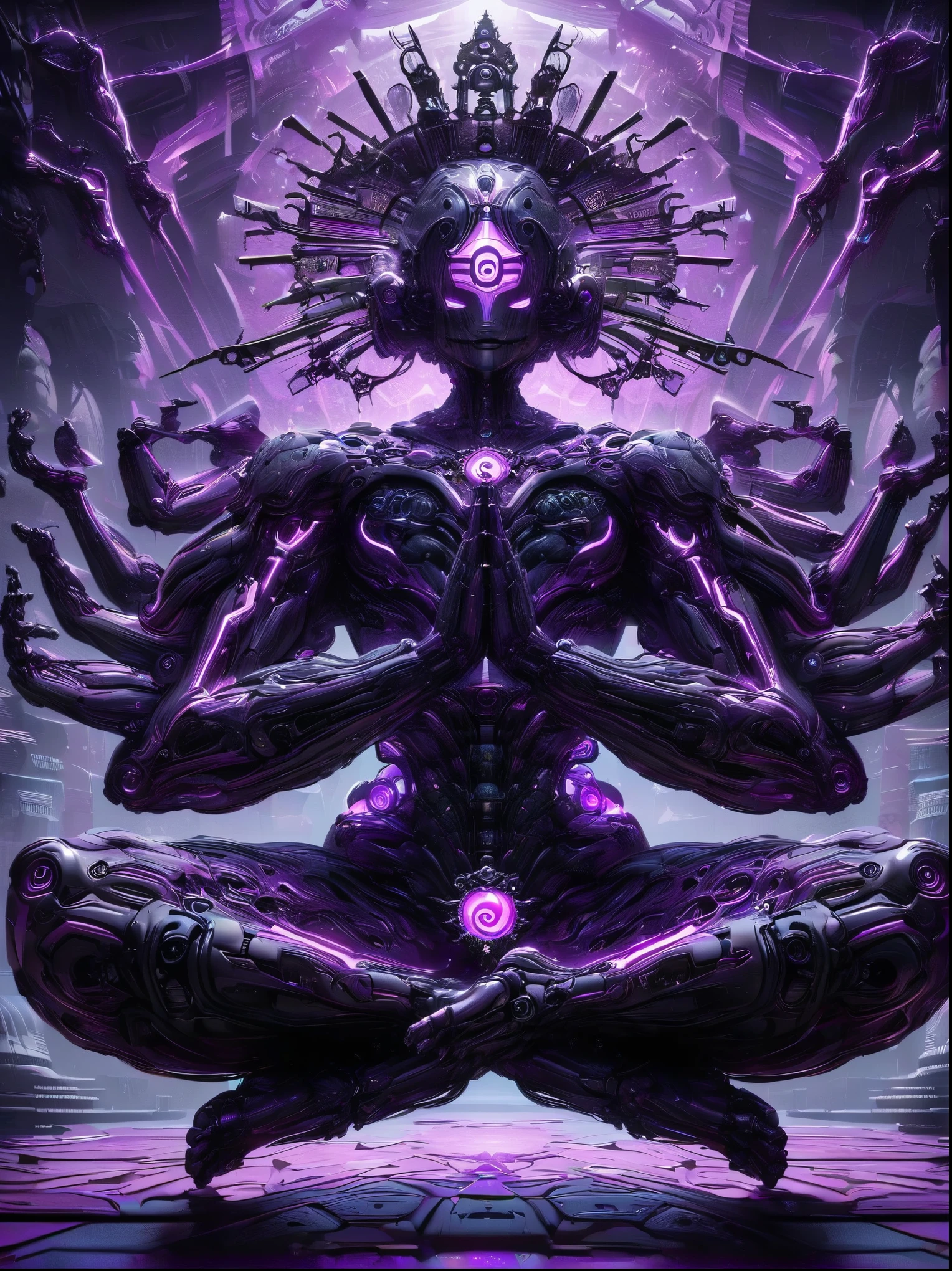 (Vision:1.3), (Full body shot:1.5), A purple cyberpunk robot monk with folded hands, multiple hands, meditating, sitting in lotus position, doing meditation pose, wearing an ornate headdress made of black metal parts, precision mechanical body, ultra-fine electronic components, temple background, surrealism, cinematic lighting, musical note hair ornament, Surrealism, blind box toy style, Futurism, Conceptual art, Luminism, god rays, symmetry, first-person view, Ultra-Wide Angle, UHD, anatomically correct, accurate, masterpiece, award winning, 8k