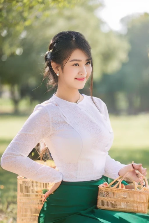 A school teacher is 30years old.Tall, thin, big hips, big breasts, black hair, small lips, brown eyes, attractive, K.Top=white Burmese blouse,With long sleeves,Buttoned at the side.Bottom=(Dark green) long skirt.
Footwear=female Burmese sandals,The hair is knotted bun.