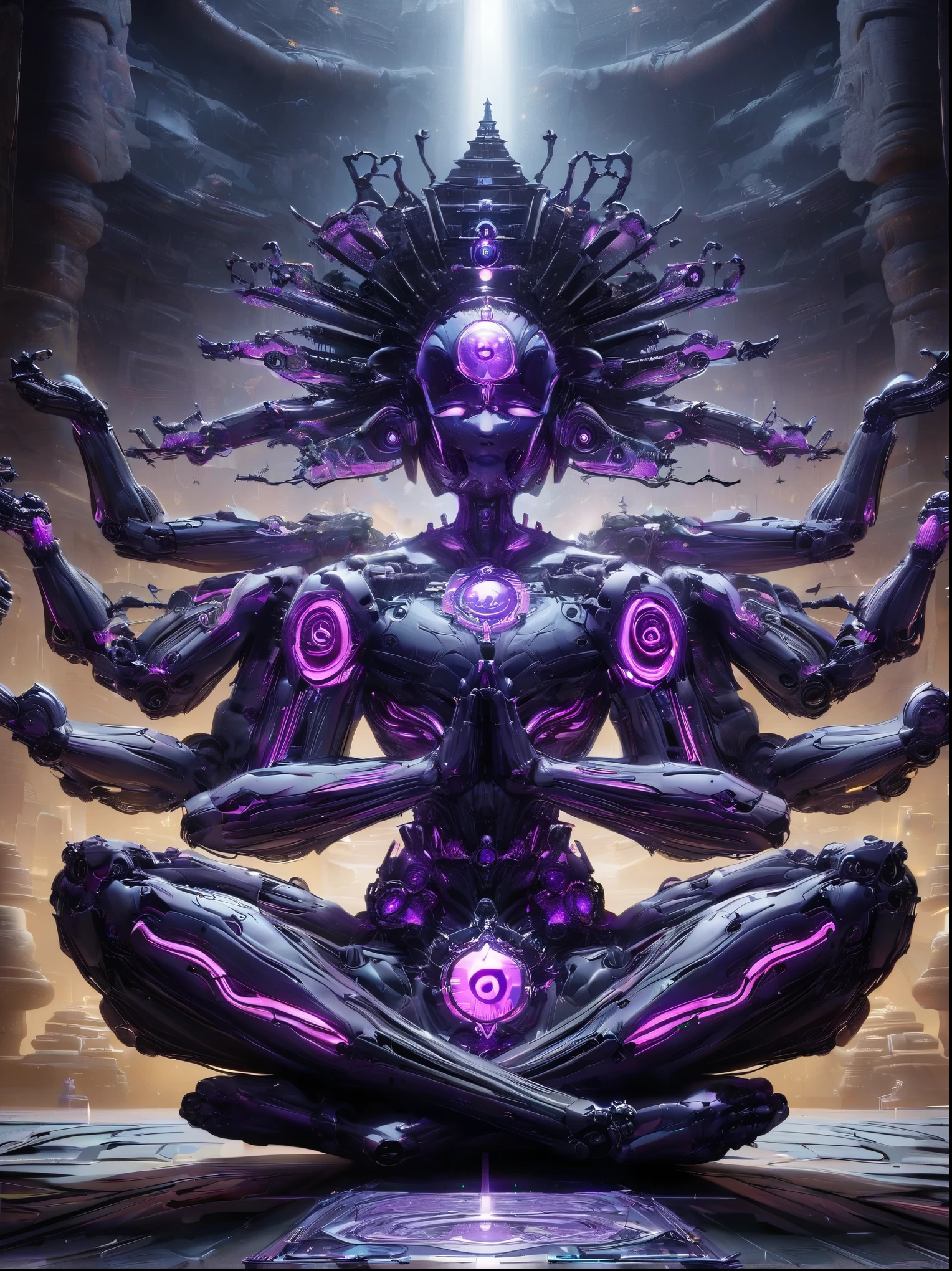 (Vision:1.3), (Full body shot:1.5), A purple cyberpunk robot monk with folded hands, multiple hands, meditating, sitting in lotus position, doing meditation pose, wearing an ornate headdress made of black metal parts, precision mechanical body, ultra-fine electronic components, temple background, surrealism, cinematic lighting, musical note hair ornament, Surrealism, blind box toy style, Futurism, Conceptual art, Luminism, god rays, symmetry, first-person view, Ultra-Wide Angle, UHD, anatomically correct, accurate, masterpiece, award winning, 8k