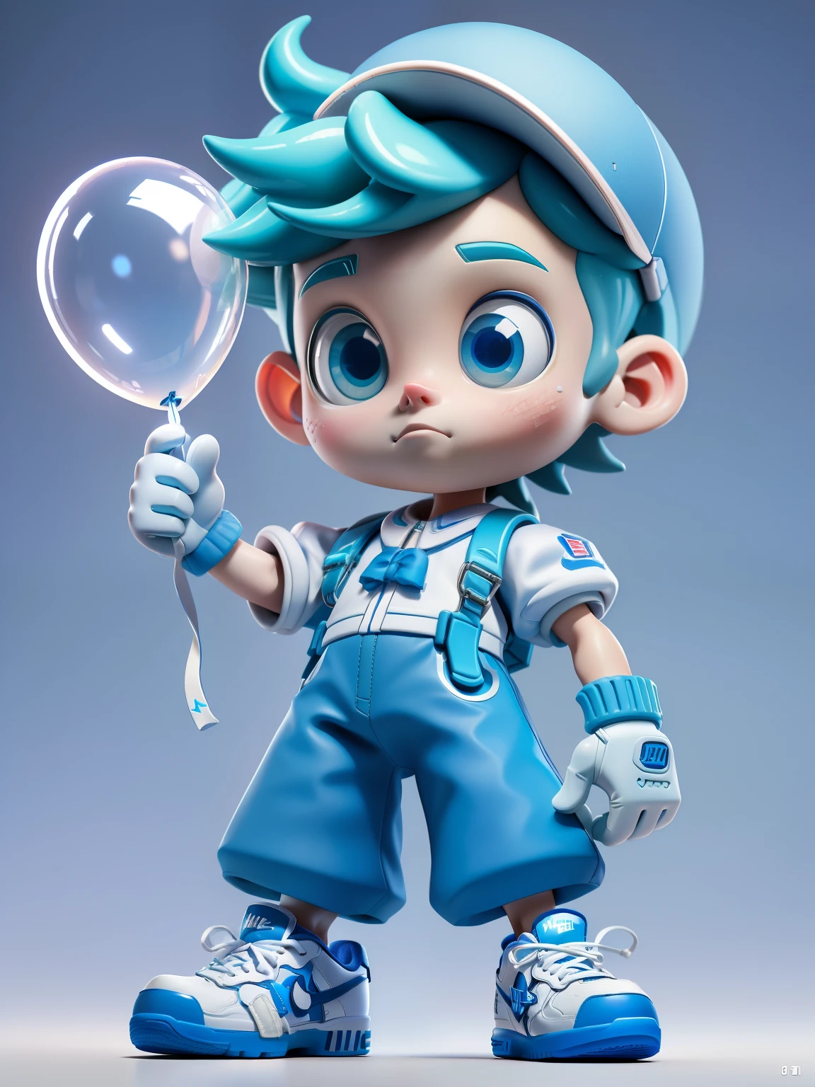 (Best quality,4k,8K,high resolution,masterpiece:1.2),Extremely detailed,(Practical,Realistically,Realistically:1.37),Toy style, boy,Cute face,[White Nike Air Force 1 shoes],Wearing blue and white jersey，Holding a balloon with gloves，Full body portrait，Clean background，3D anime style