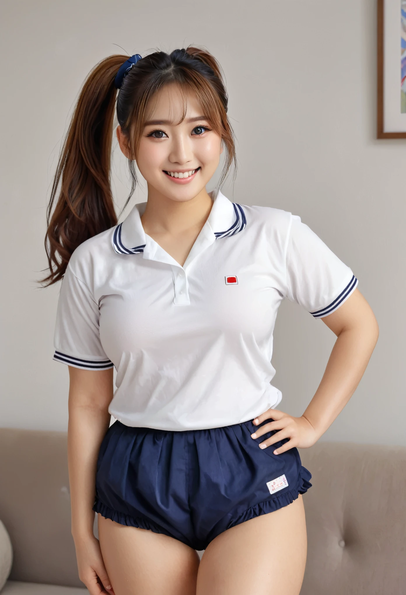 White large plainＴshirt)),((Navy blue bloomers)) 、Huge breasts、ponytail, Japanese Girls, 8K, ((Full Body Shot))， highest quality, masterpiece, Realistic, Photorealistic Super Detail, One Girl, cute, Best Smile, Beautiful Eyes, Long Hair, Perfect Face,Full Body Shot