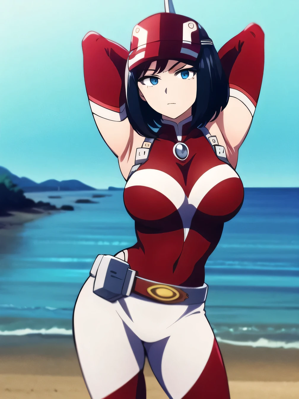 kodaiyui, visor cap, red and white bodysuit, long sleeves, belt, white skirt, looking at viewer, emotionless, showing armpit, looking at viewer, solo, contrapposto, spread armpit, arms behind head, smile, looking at viewer, (cowboy shot:1.5), closed mouth, night sky, beach, best quality, expressionless, anime, anime coloring,