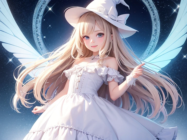 White Witchのコスチュームを着た妖精,1 Fairy,Flower Fairy,butterfly々,butterflyの羽,Flower Hair Ornaments,妖精Wings of a,Fairy Wings,Fairy Wings根,Lolitar,12歳のGirl,Young,Transparency,happiness,Smile,smile,happy,White skin,Lip gloss,Realistic, 35mm, Intricate details, High resolution, Intricate details, Ultra-detailed, Natural skin texture, Hyperrealism, sharp, 1 girl, Girl (Elf:0.7) ,woman, Magical Land,pastel colour,Portraiture, look up,alone, Half Shot, White clothing,Detailed Background, ,White Witch,White Hat,Witch Hat, White Witch, Magical atmosphere, Hair blowing in the wind,Silky Hair,Cream colored hair,Shiny Hair,Light pink hair,Light-colored clothing with white trim, Magic Whirlwind, Sparkling,shine,Light background,noon,sun,Pop Art,White magic, (Style - Swirl Magic:0.8), Suspended particles,Light Powder,Thin eyebrows,Thin eyebrows,light makeup,Natural Makeup,Wavy Hair,Semi-long hair,瞳のshine,butterfly々Wings of a,Childish,A gentle gaze,love,Gentle light,Blonde Hair,Short sleeve