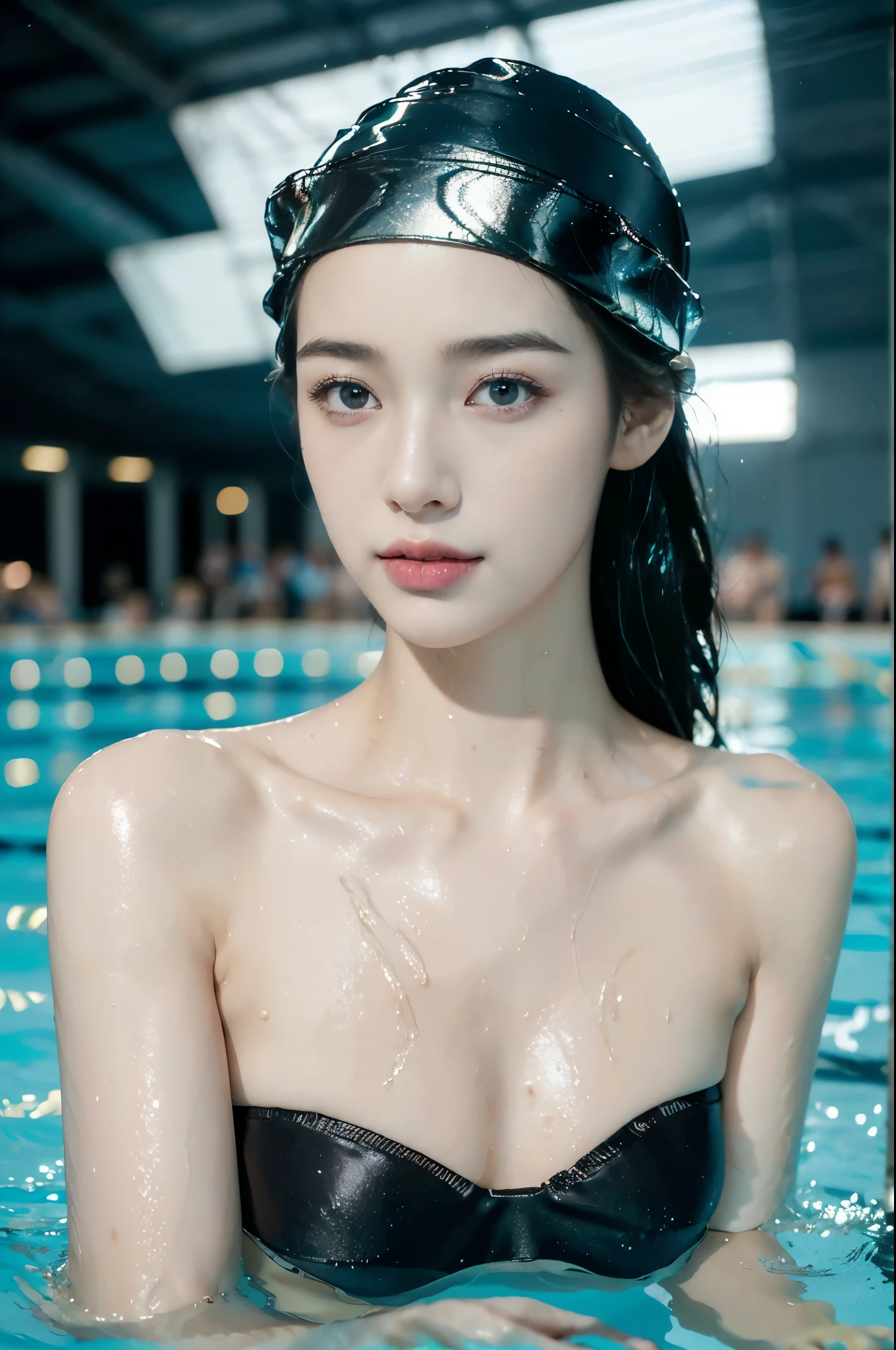 (Extremely meticulous CG),(((8k))),wallpaper,((Extremely refined and beautiful)),(((Masterpiece))),(((best qualtiy))),(((Ultra High Resolution))),beautiful light up,realistic shaded,(Smooth and flawless fair skin:1.5),(Extremely exquisite facial details:1.3),(ultra-detailed:1.5),((a beautiful girl,solo)),(swimming cap on head:1.5),(short ponytail:1.2),(small head:1.2),(slender face:1.2),(Exquisite makeup:1.3),(wet:1.5),(sweat:1.5),(happy:1.2),(laughing:1.2),(perfect body:1.1),(pale skin:1.3),(shiny skin:1.5),((slim,thin)),(small breasts:1.2),(flat chests:1.2),(strapless black swimming bra:1.5),(sitting in the water:1.3),(the lower body below the neck is in water:1.3),(At the swimming pool:1.3),(In the swimming pool:1.3),(clear water:1.3),(indoor:1.2),(Cyberpunk style:1.3),(neon lights:1.3),(night scene:1.3),(detailed background:1.5),(close-up of face:1.3),(from front:1.3),(surrounded by crowded crowds of old men:1.5),