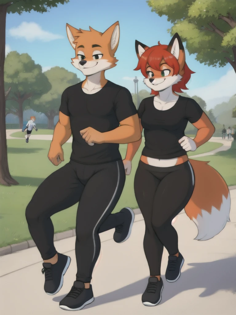 Furry, fox, smile, black leggings, white shirt, jogging with a partner, park, teen