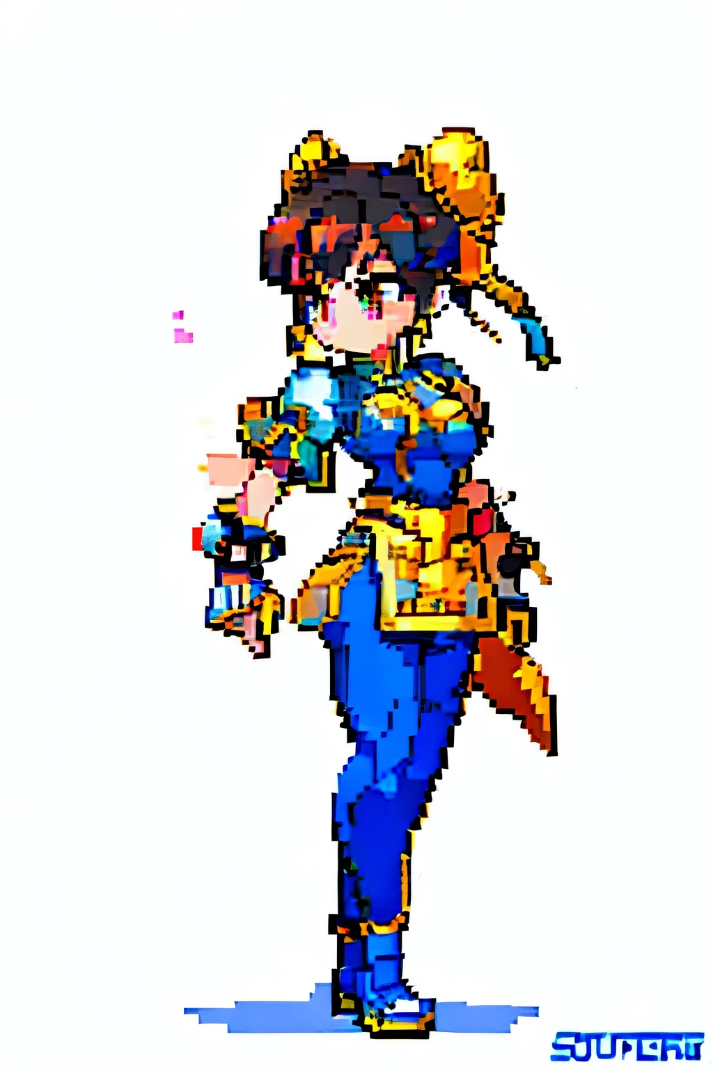 crea una imagen de Chun-Li, an iconic character from the Street Fighter video game series, en estilo pixel art. The image must capture its essence and distinctive characteristics: dynamic pose: Chun-Li must be in a dynamic combat pose that highlights her agility and strength. Puedes optar por su famosa patada alta o una postura de combate. Ropa Tradicional: She must wear her signature outfit, including a blue qipao with gold details and white belt. Be sure to include her spiked bracelets and tall boots. Detalles Faciales: Intenta capturar su rostro con la mayor cantidad de detalles posible en el estilo pixel art, including her unique hairstyle with bows and ribbons. Colores Vibrantes: Utiliza una paleta de colores vibrantes para que la imagen se vea llamativa y fiel al personaje del juego.