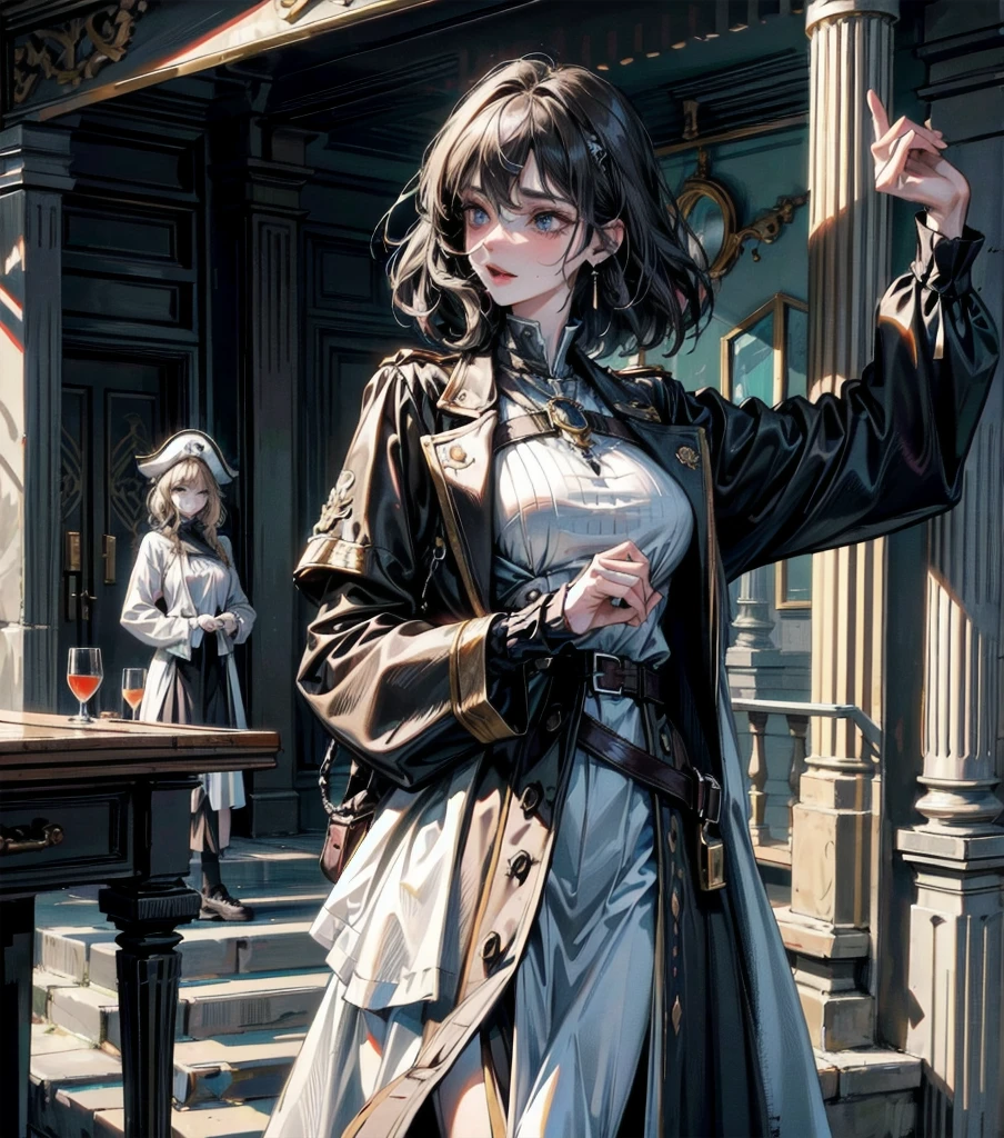 absurdres, RAW photo, extremely delicate and beautiful, masterpiece, Best Quality, ultra high resolution, 32k, hyperrealistic, ultra-detailed, detailed description, perfect anatomy, pale skin, 20 years old, detailed beautiful face and eyes, tearful mole, earring, short medium hair, wavy hair, whole body shot, colossal tits, ((yuri)), (((3 girls))), Practical pirate clothing, Long-sleeved pirate top, Skirt,