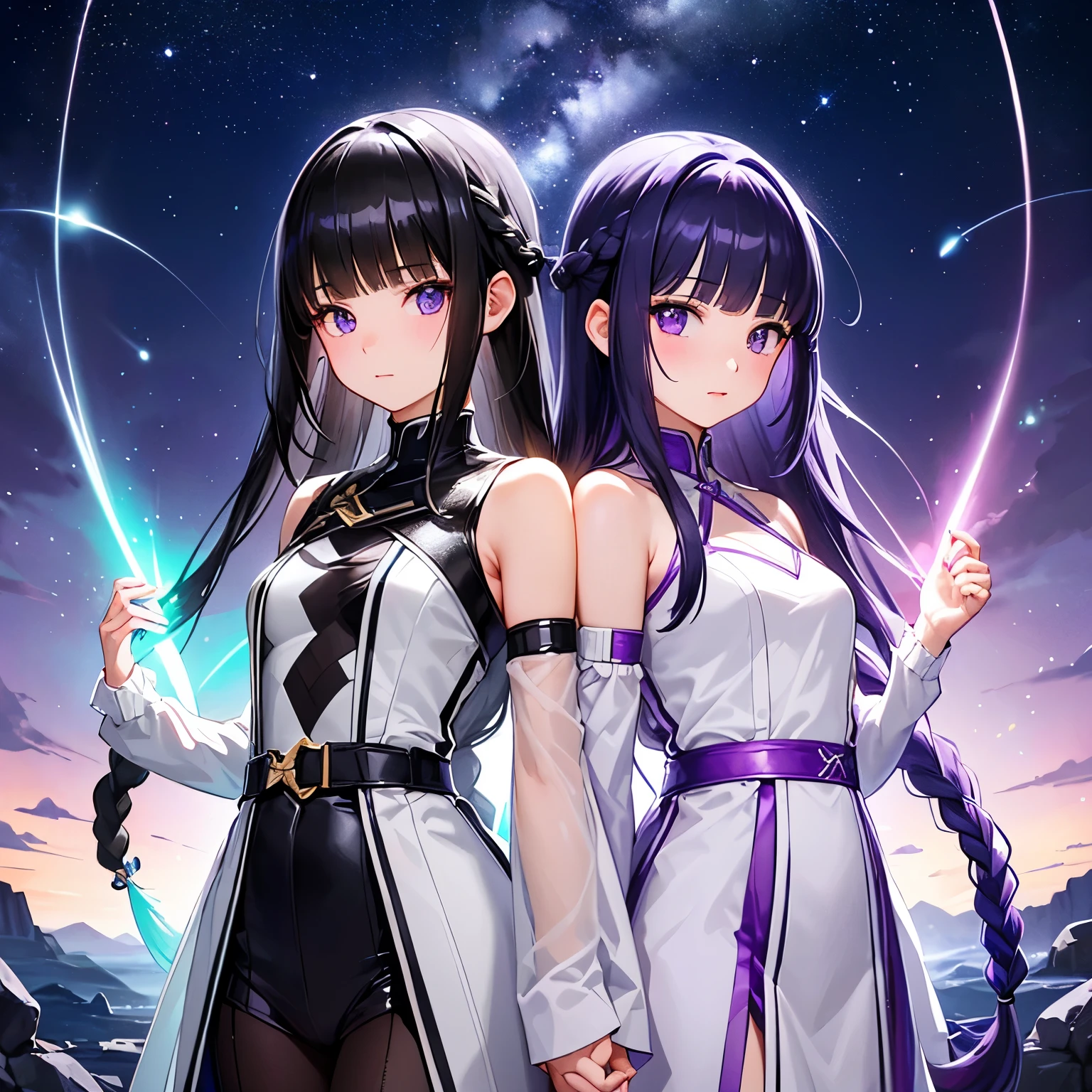 Draw two girls、(The heroine is a girl with purple-white gradient twin-braided long hair.:1.4)、(Her partner is a girl with a black bob cut:1.4)、(The heroine is in a transparent capsule、Natural standing posture)、(Numerous digital wires connect the capsule to the girl、Glowing Wiring、Wiring is as follows:々It emits a variety of colors.)、Cyber Space、meteor、milky way、nebula、chiffon、Backlight、amazing splash、 Sparkling、Dazzling Light、highest quality、8k、 High resolutionアート、High resolution、Very detailed、