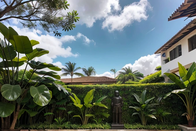 Lindo jardim com fonte e estatua e ((um banco de madeira detalhado com ferro)). stunning sky. Plantas Estilo urban jungle decoram o ambiente 