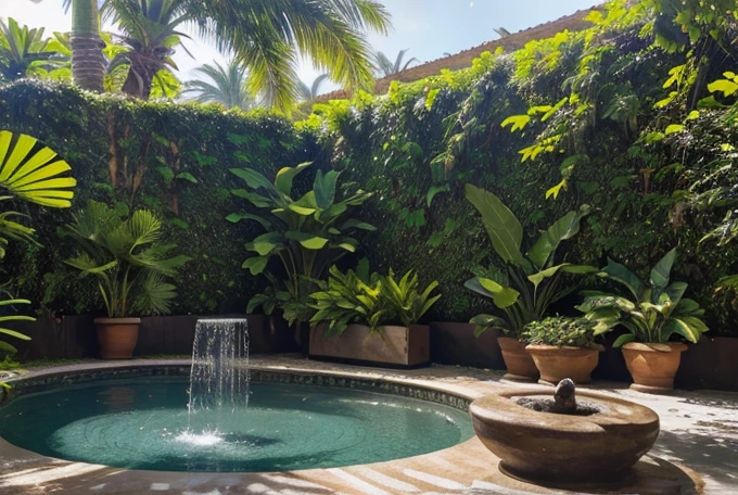 Lindo jardim com fonte e estatua e ((um banco de madeira detalhado com ferro)). stunning sky. Plantas Estilo urban jungle decoram o ambiente 