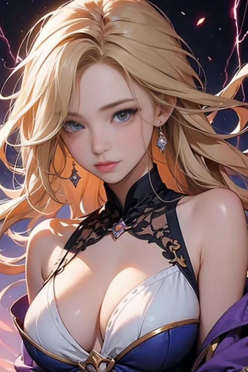 Zerg Queen Beautiful Girl: Ranlinger, 18 years old, Messy Hair, oil, Romanticism painting, Beautiful Perfect Face, Soft Skin、Perfect Face, Yasutomo Oka's painting style, Big Breasts, Add light purple and purple, Add Light Red, Intricate details, Splash screen, 8K resolution, masterpiece, Cute Face, Big temple, mysterious magic circle background, Geometric mural, Colorful background, Break, Blonde, Strong winds, lightning, Alexander the Great, Alexandria