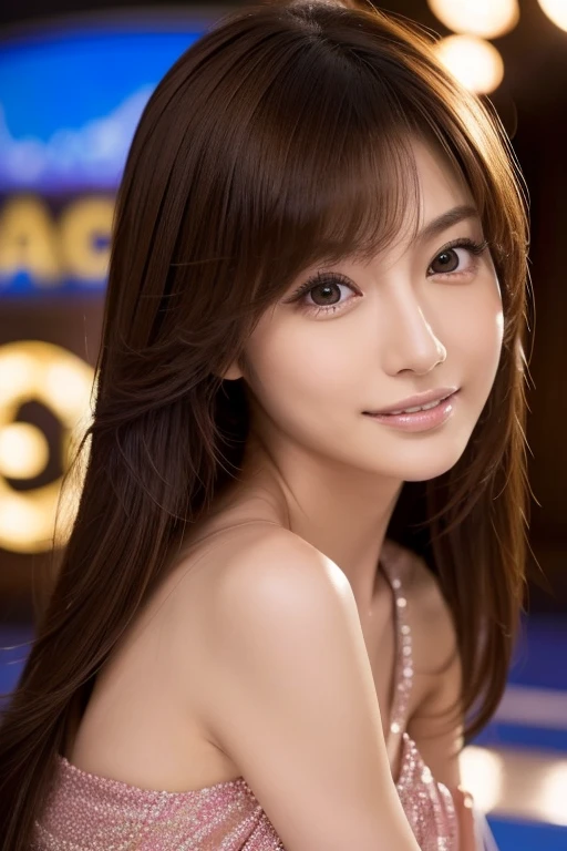 (((Appearing on a quiz show:1.4, Popular TV shows, Television Studio, tv costumes))), Dynamic, cinematic photos,(Ultra Realistic, High resolution), (Highly detailed eyes, Highly detailed hair, highly Detailed face, Highly detailed plump lips,Perfect Anatomy),(highest quality:1.4), (Realistic, photo-Realistic:1.37), Professional photography, Cinematic Light, (Detailed face: 1.2), Brunette woman,slim,(Beautiful leg lines ),(Famous Japanese actresses:1.2),Highly detailed skin,very thin fingers, Highly detailed nose, Highly detailed mouth,Very beautiful legs,Highly detailed background,RAW Photos,smile