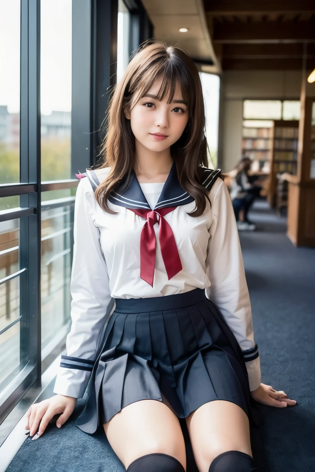 highest quality,Ultra-detailed,masterpiece,Realistic,Photo realistic,Bright lighting,One Girl, Very beautiful 16 year old girl, (cute:1.2),Embarrassed face, (Brown eyes),(Brown Hair),(Straight Hair),(bangs),Perfect glowing skin,Perfect Skin,((,sexy)), chest,chest 細いウエスト, Look at the viewers,((Sailor suit)),((Long sleeve uniform white shirt)),(Red tie),(Pleated skirt), socks, (ブラックニーsocks),(Loafer shoes), knees, Daytime,library