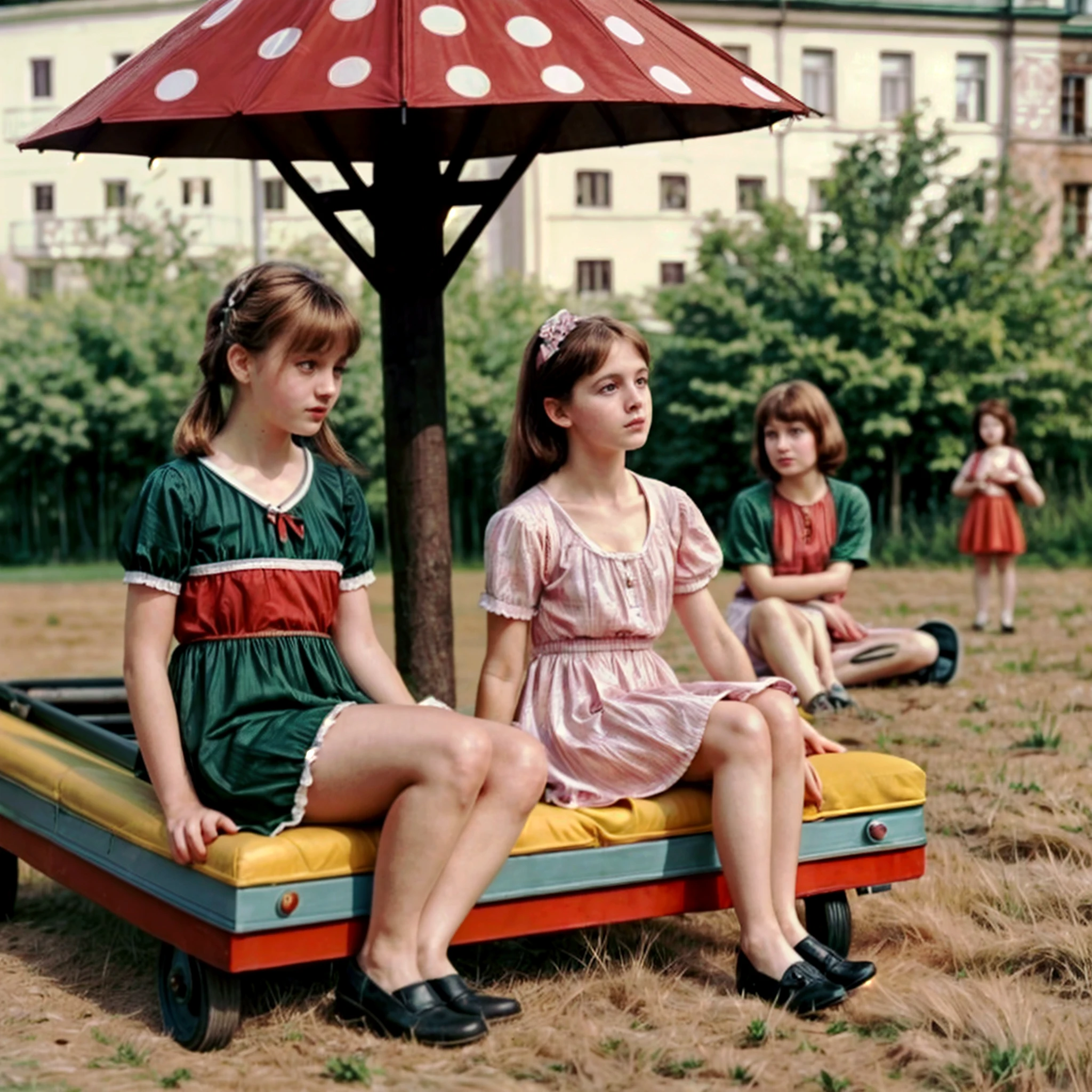 There are two girls sitting on a bench under an umbrella - SeaArt AI