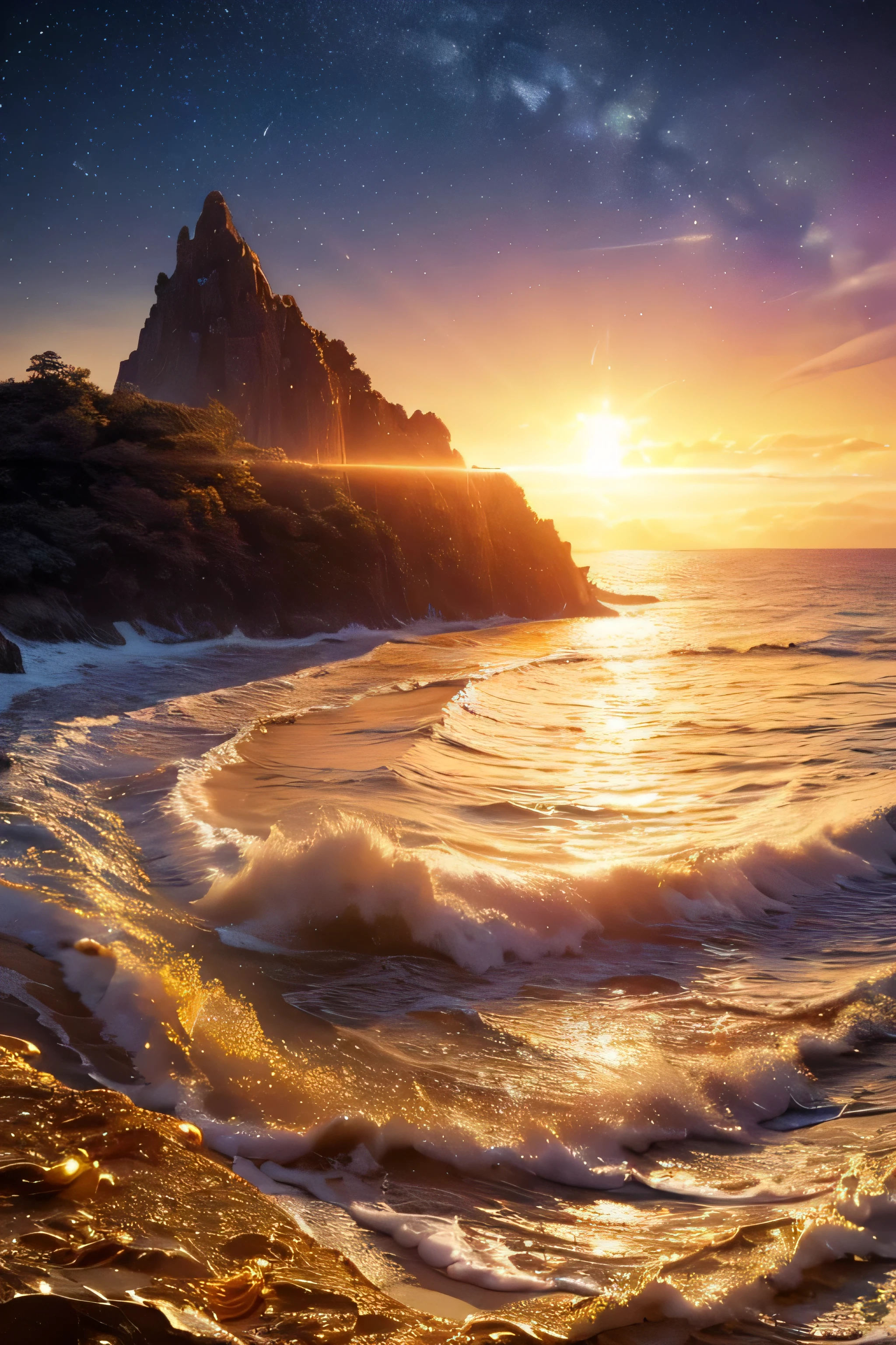 Hyper realistic 8k, ultra detailed, (Best Quality digital illustration Masterpiece of planet Earth in outer space), ((No Man)), (Beautiful planet Earth Illustration), (Beautiful Shore made of Gold Coins), (Golden Coins), ((Waves in the distance)), (Bright Sun), (Hyperdetail, Dynamic Camera), (Wide Angle), (Celestial Lighting), (Vivid Colors and Saturation), (trending on artstation), ((beautiful sunrise)), (aqua colored water)