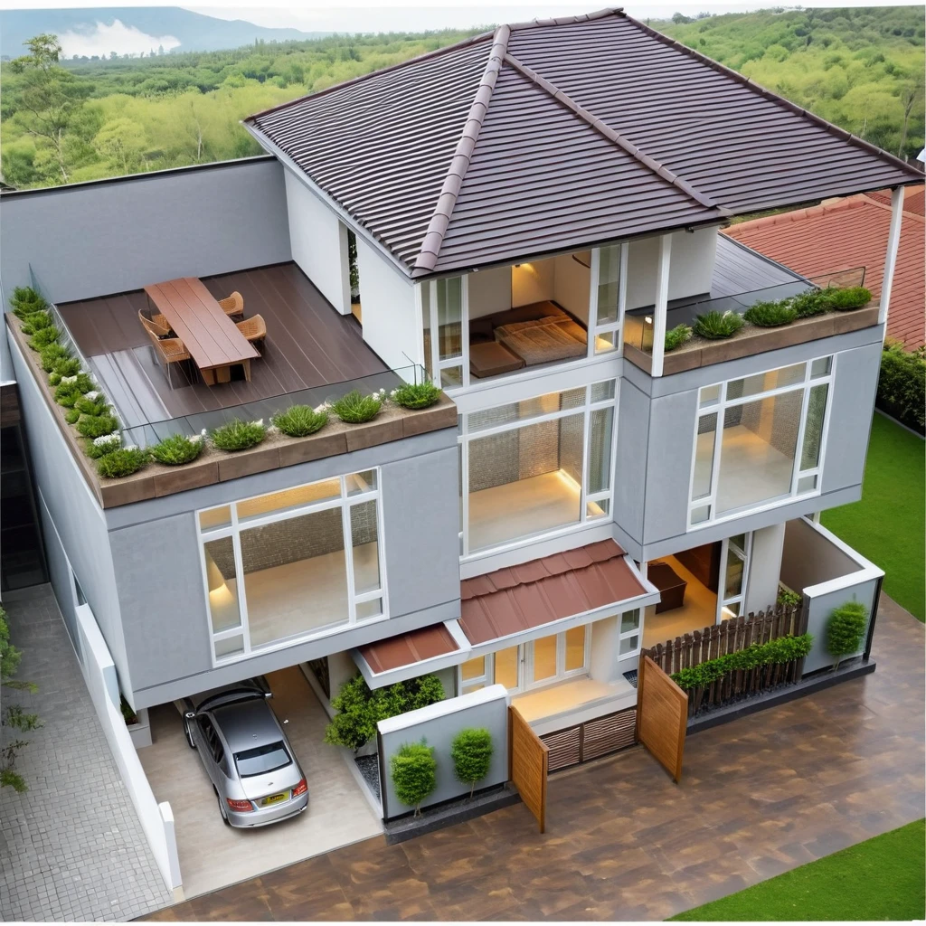 Raw photo,Masterpiece, high quality, best quality, authentic, super detail, exterior, outdoors, house style modern on the street,pavement, grass, trees, sky, cloud, (day:1.1), ((MIX WHITE AND Chocolate style color : 1.3)); (((CHOCOLATE COLOR STYLE ROOF TILES : 1.7))) , japanese roof style